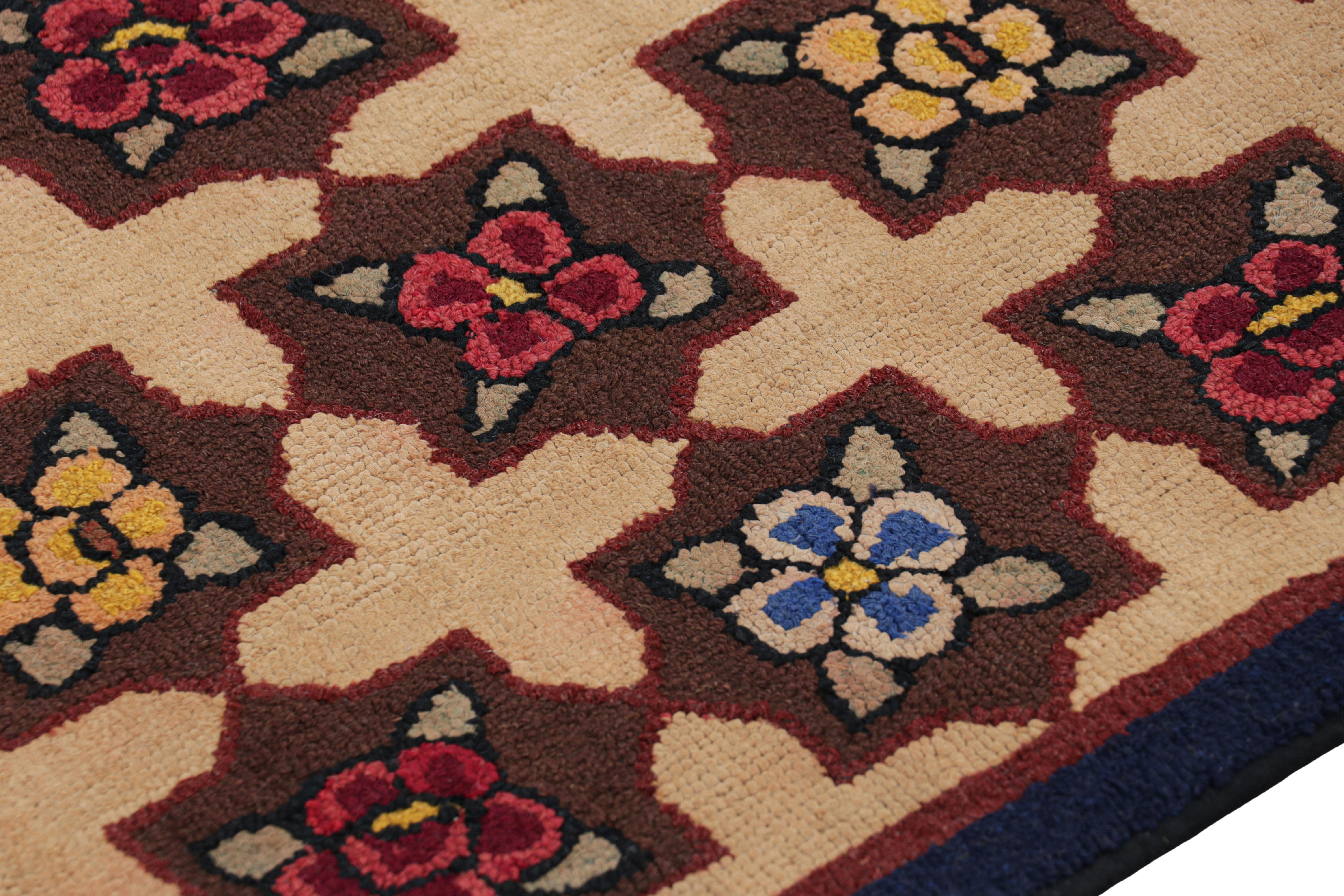 American Antique Hooked Rug in Brown with Floral Medallion & Patterns from Rug & Kilim For Sale