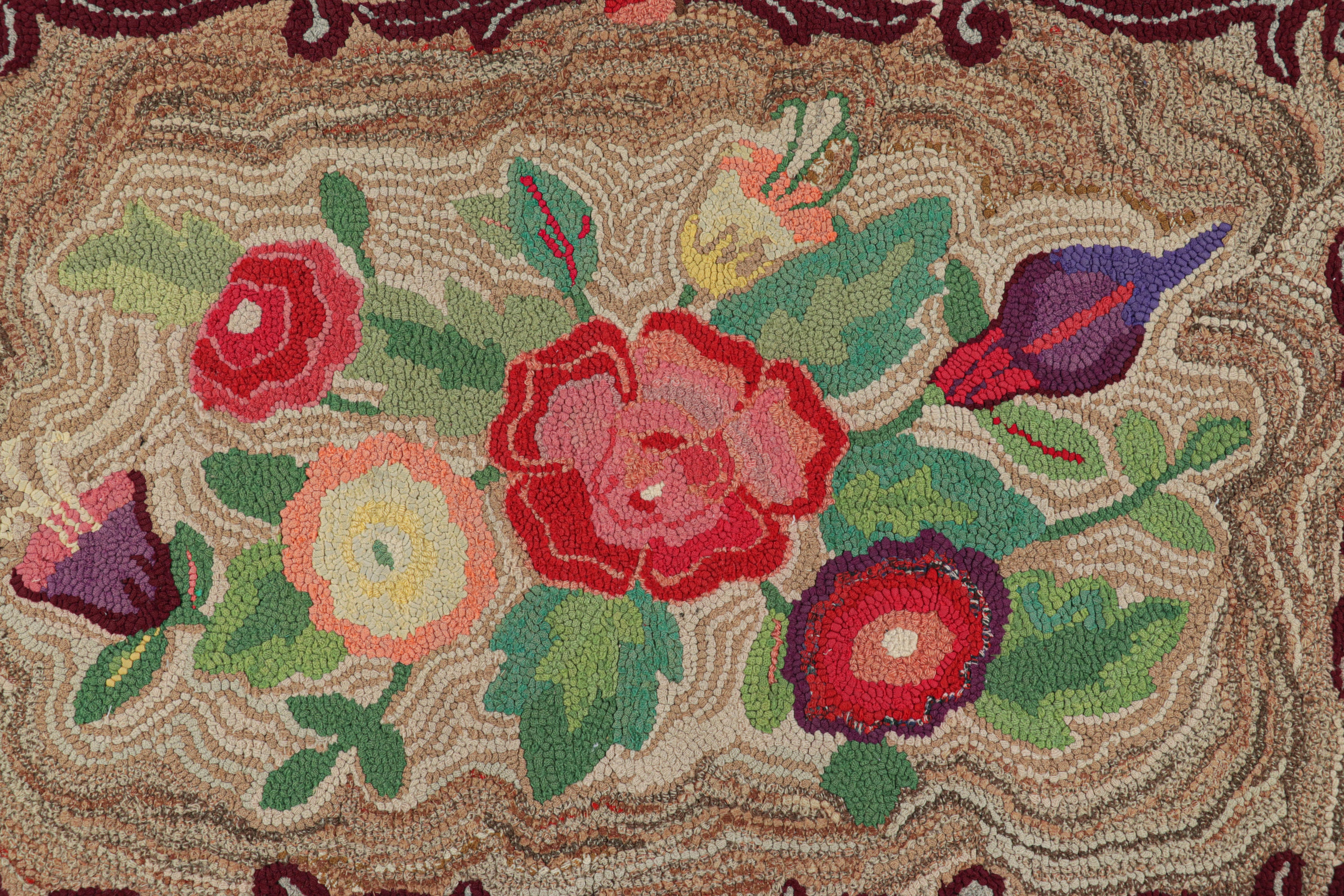American Antique Hooked Rug in Brown with Floral Medallion & Patterns from Rug & Kilim For Sale