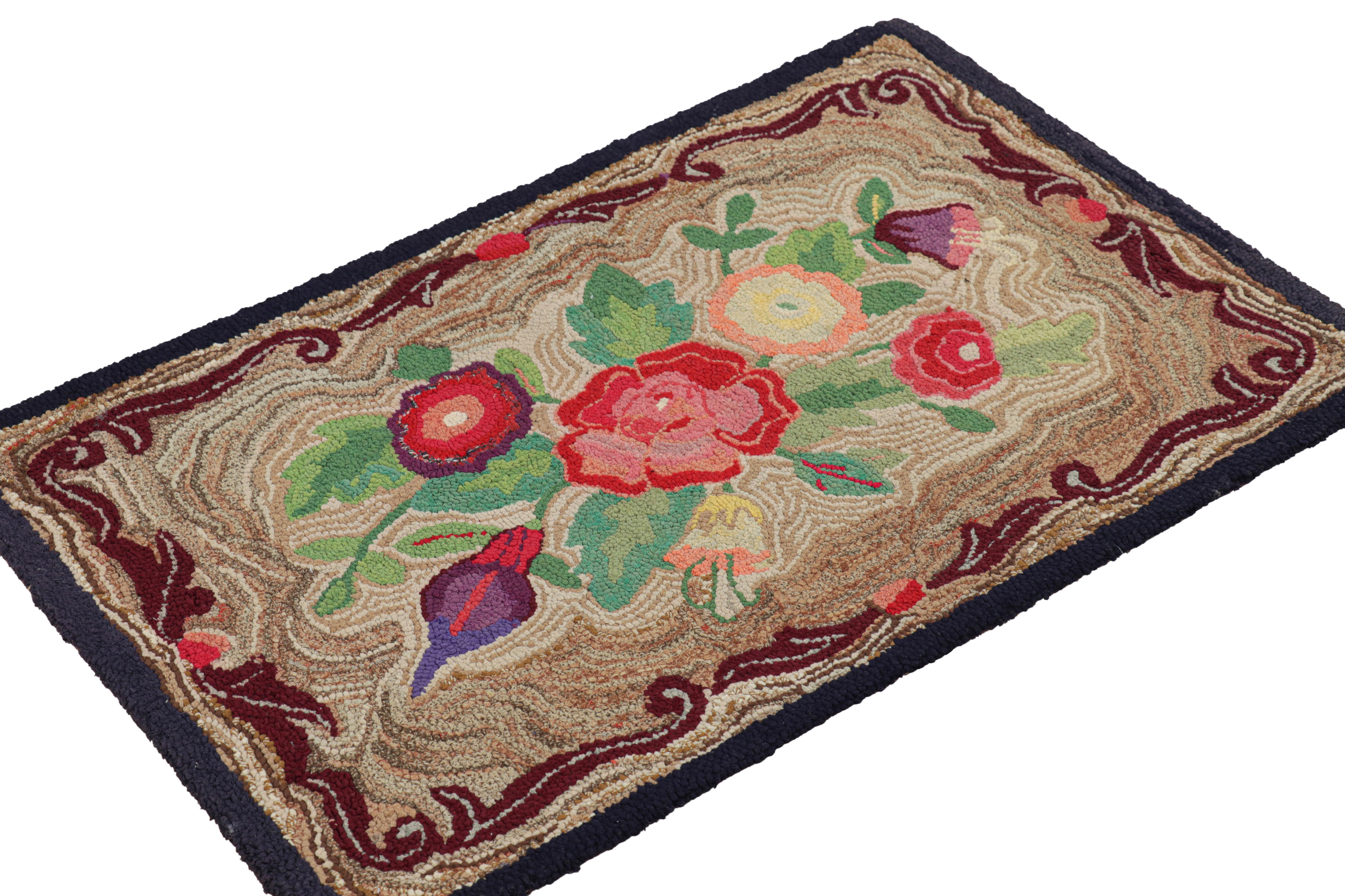 Hand-Knotted Antique Hooked Rug in Brown with Floral Medallion & Patterns from Rug & Kilim For Sale