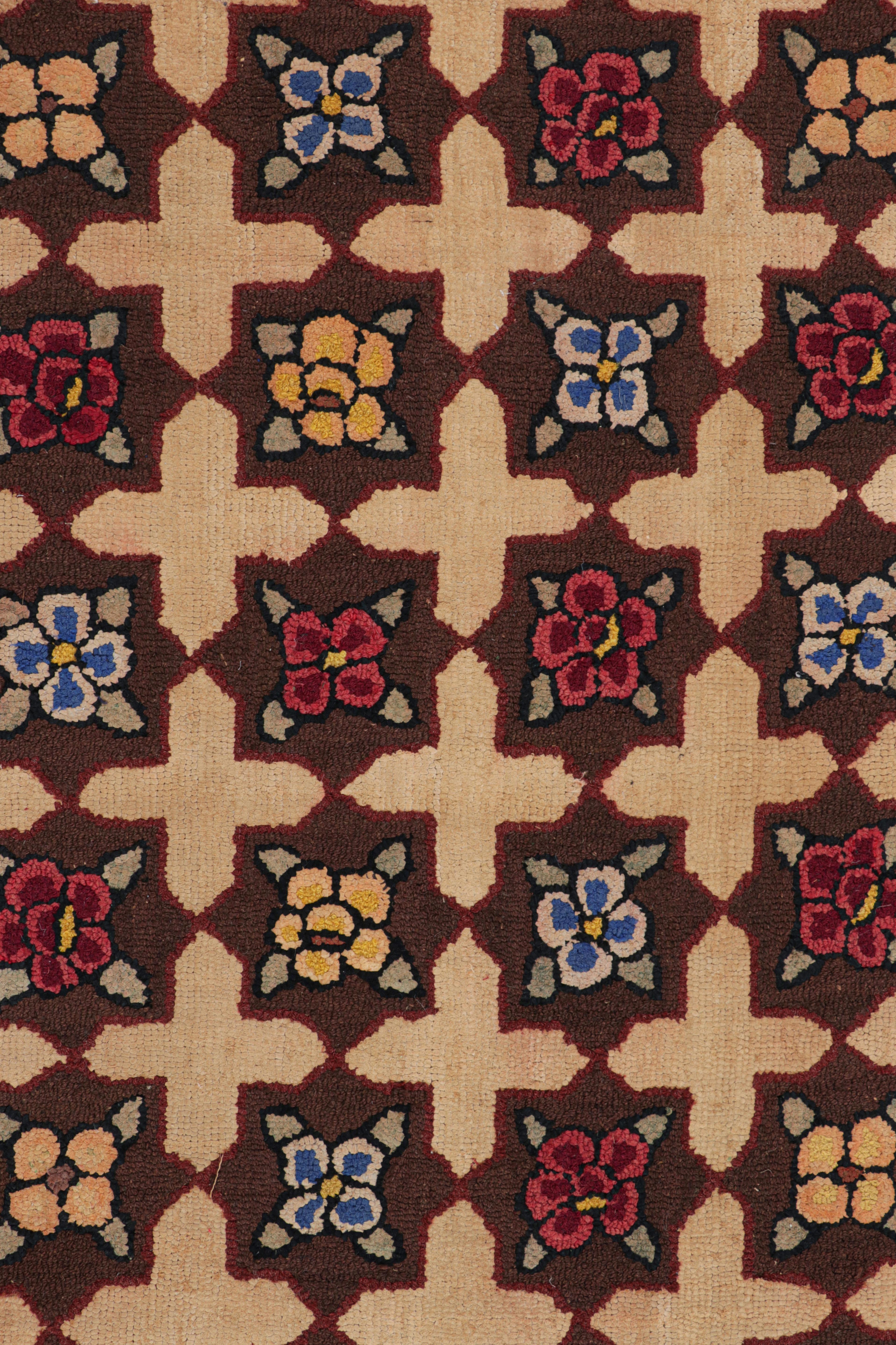 Early 20th Century Antique Hooked Rug in Brown with Floral Medallion & Patterns from Rug & Kilim For Sale