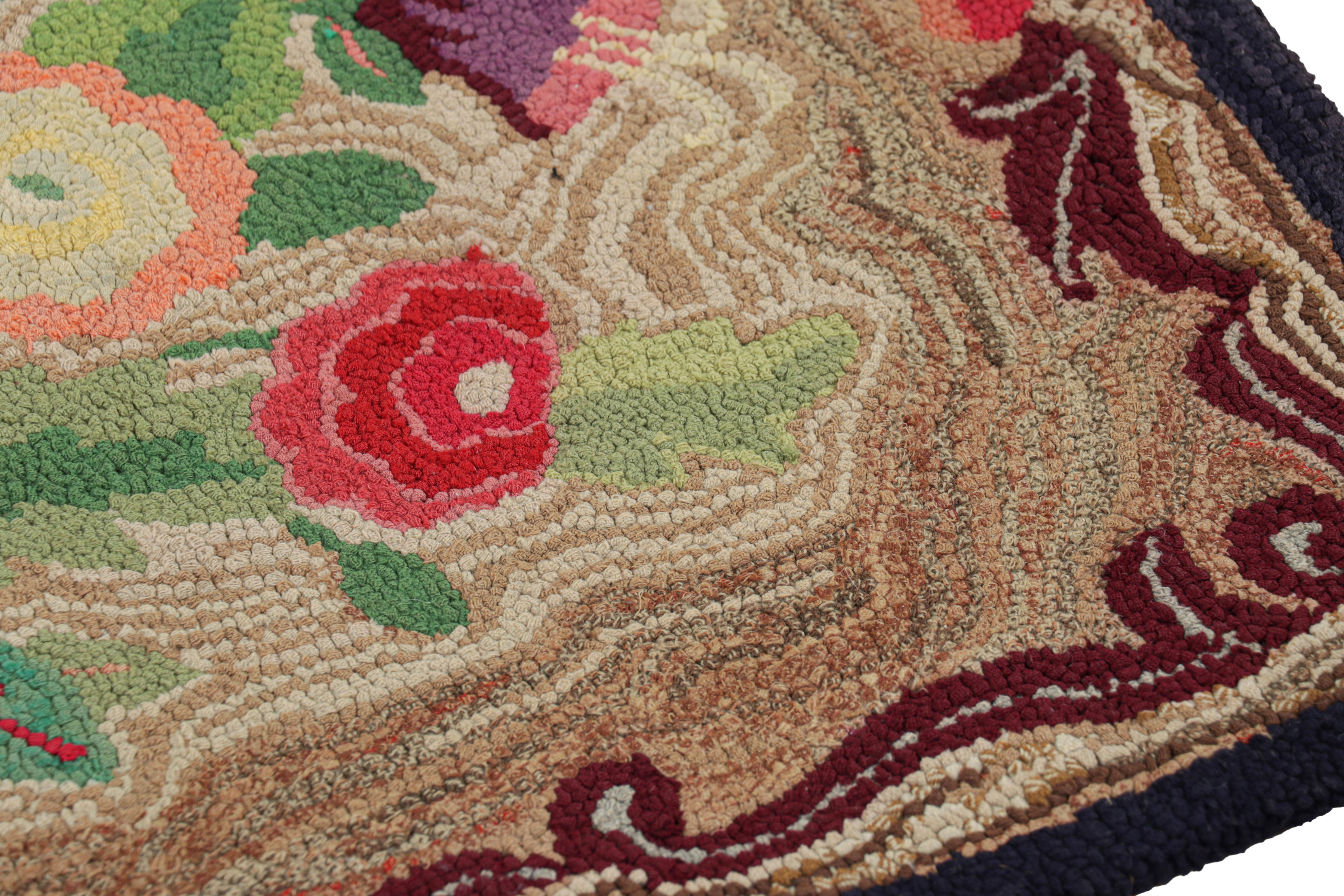 Early 20th Century Antique Hooked Rug in Brown with Floral Medallion & Patterns from Rug & Kilim For Sale
