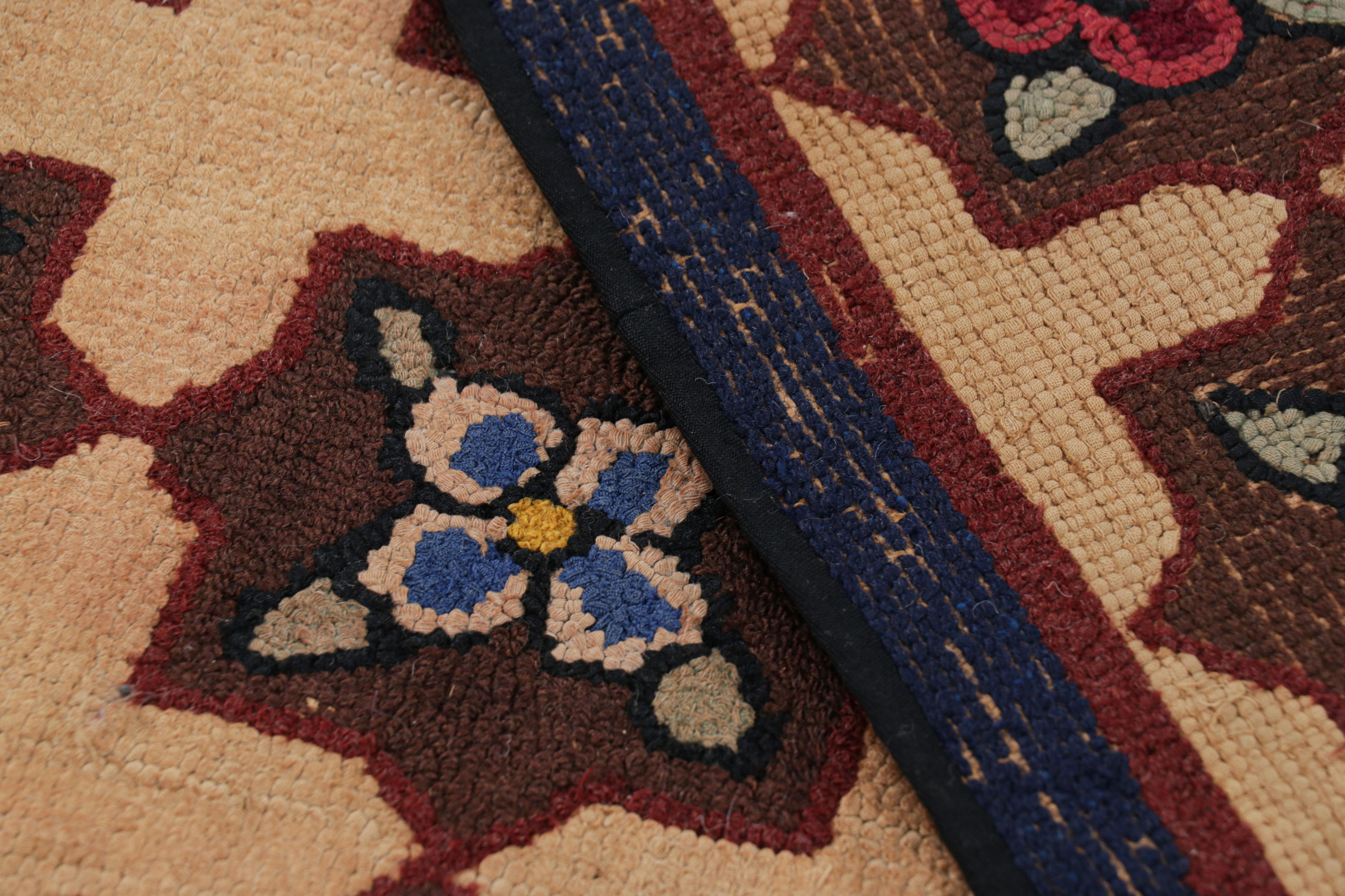 Wool Antique Hooked Rug in Brown with Floral Medallion & Patterns from Rug & Kilim For Sale