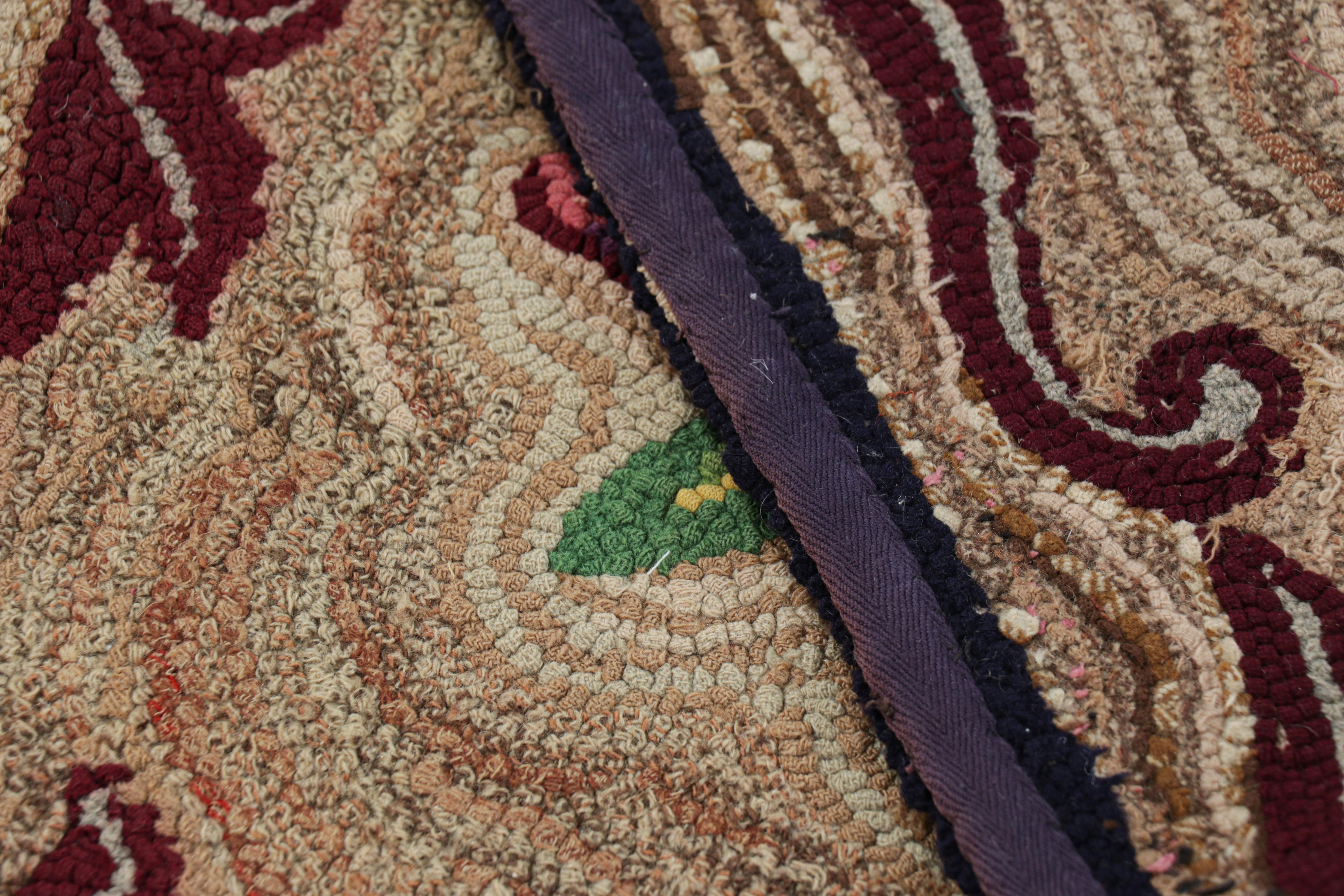 Wool Antique Hooked Rug in Brown with Floral Medallion & Patterns from Rug & Kilim For Sale