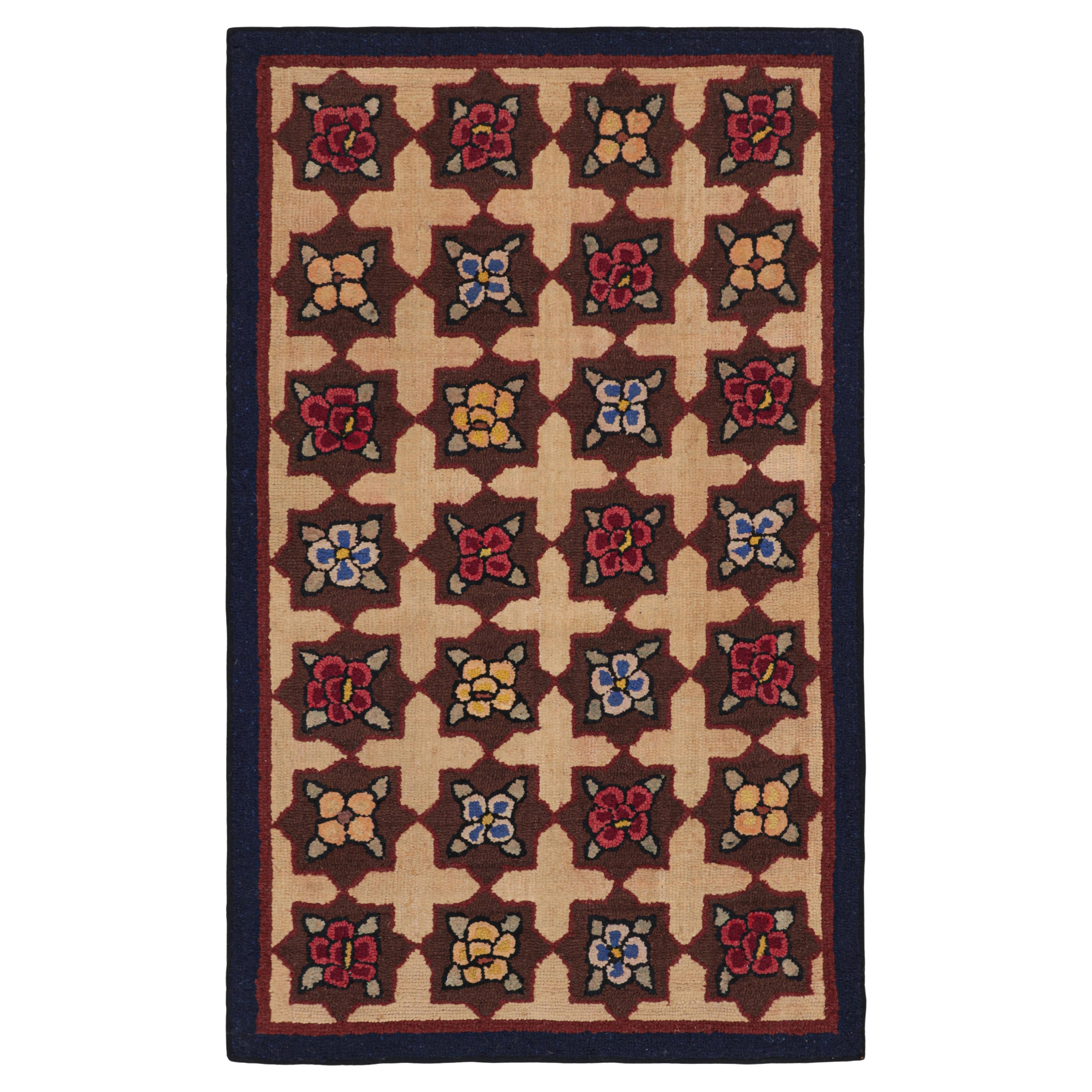 Antique Hooked Rug in Brown with Floral Medallion & Patterns from Rug & Kilim For Sale