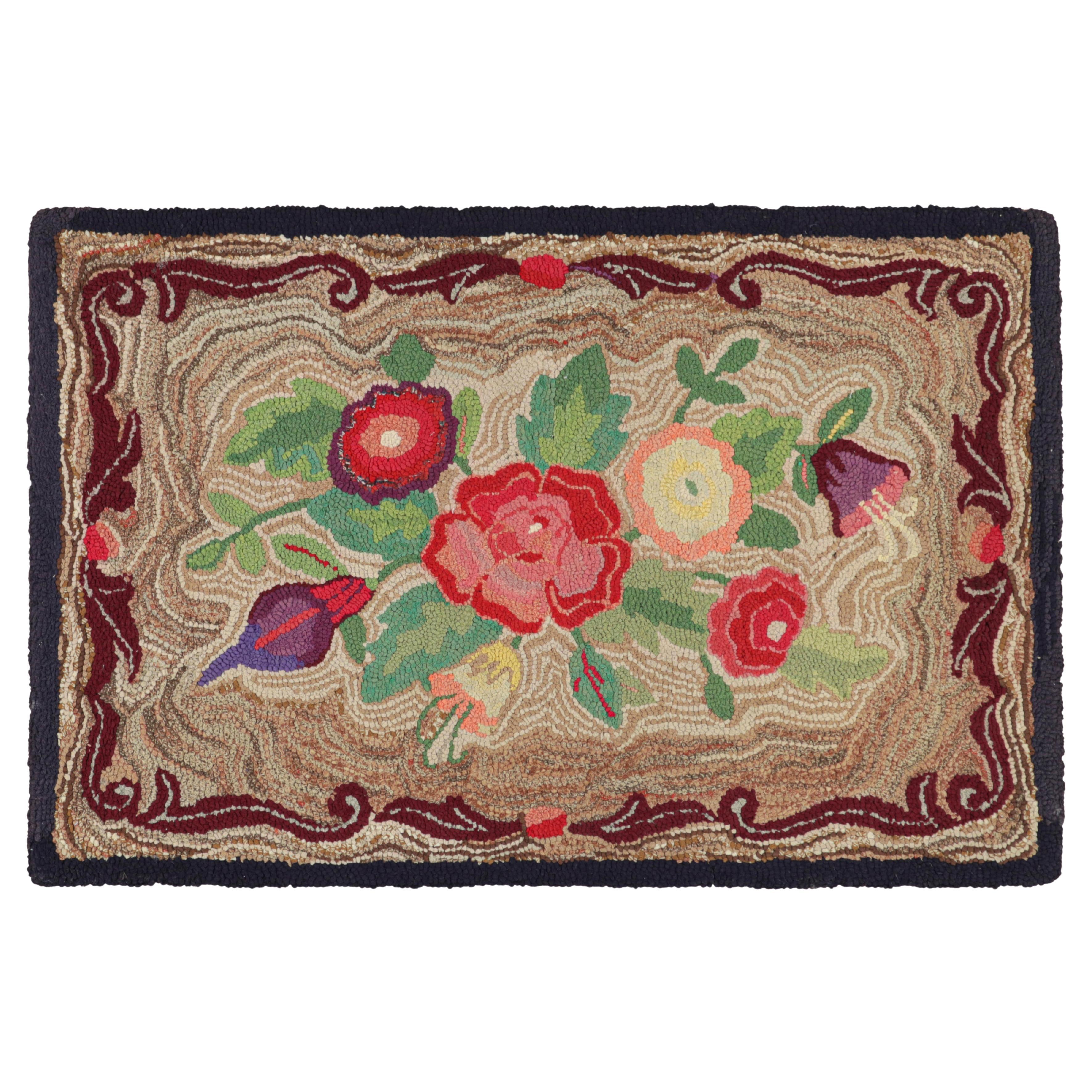 Antique Hooked Rug in Brown with Floral Medallion & Patterns from Rug & Kilim