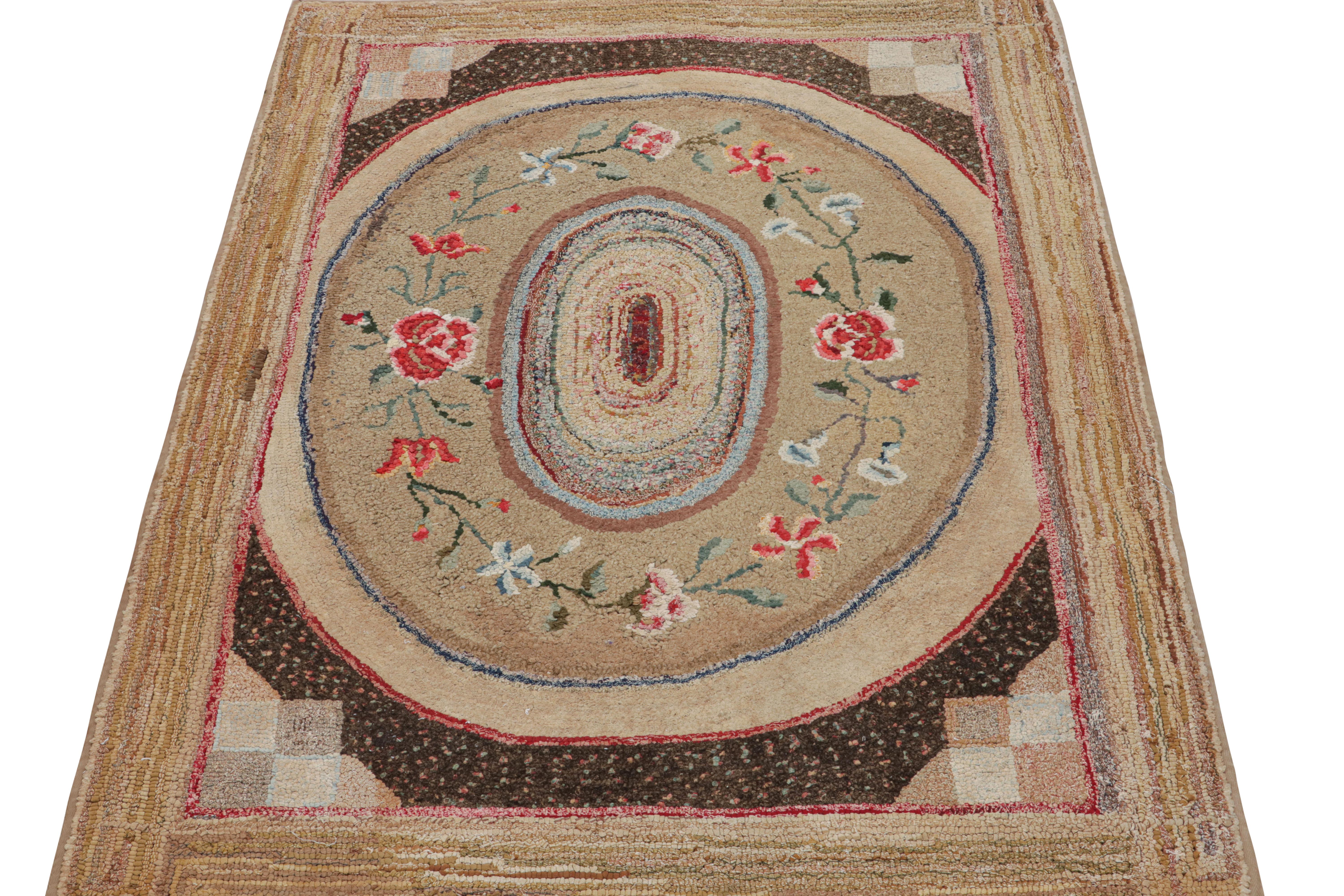 American Antique Hooked Rug in Brown, with Floral Patterns, from Rug & Kilim