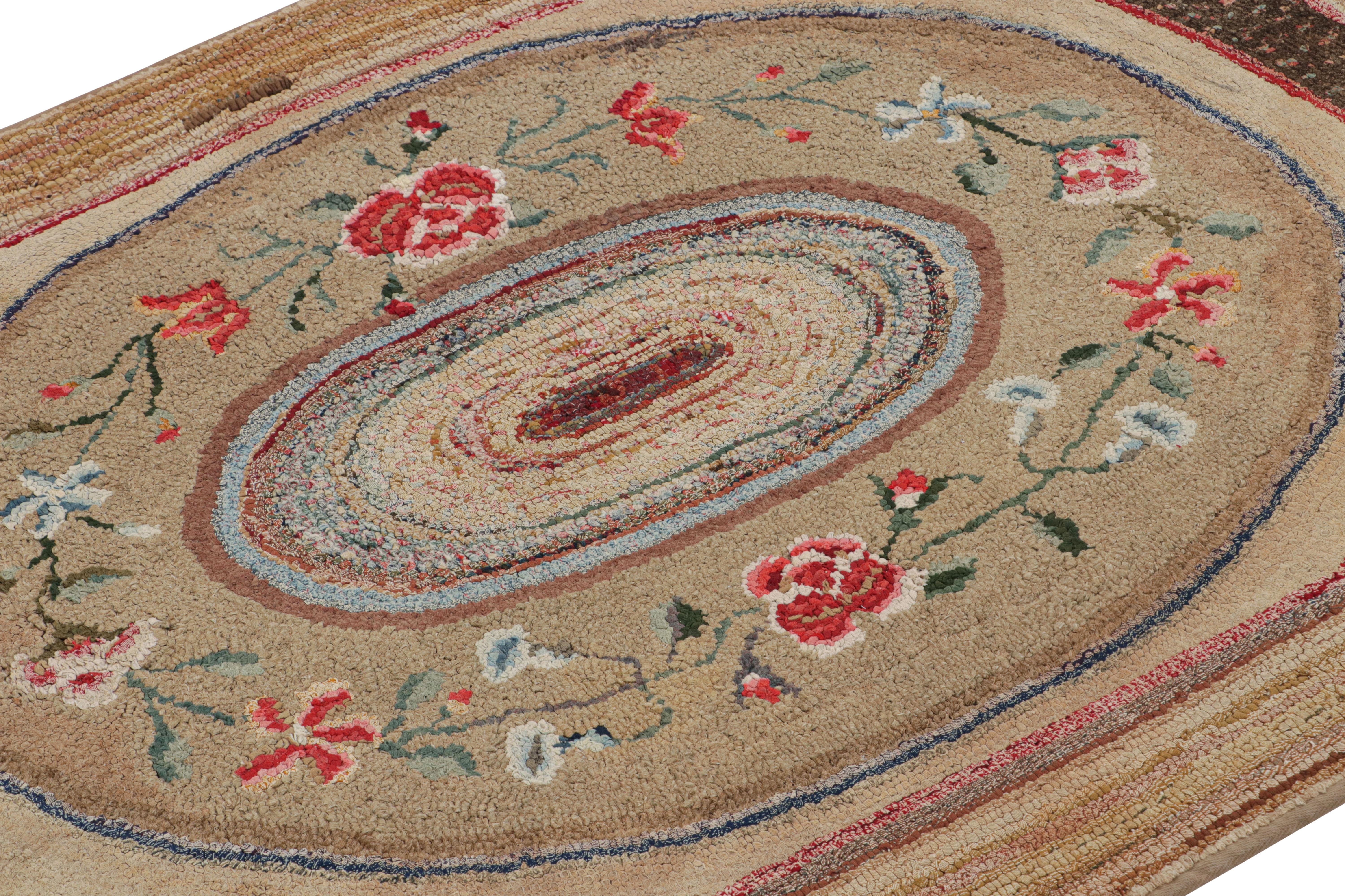 Hand-Knotted Antique Hooked Rug in Brown, with Floral Patterns, from Rug & Kilim For Sale