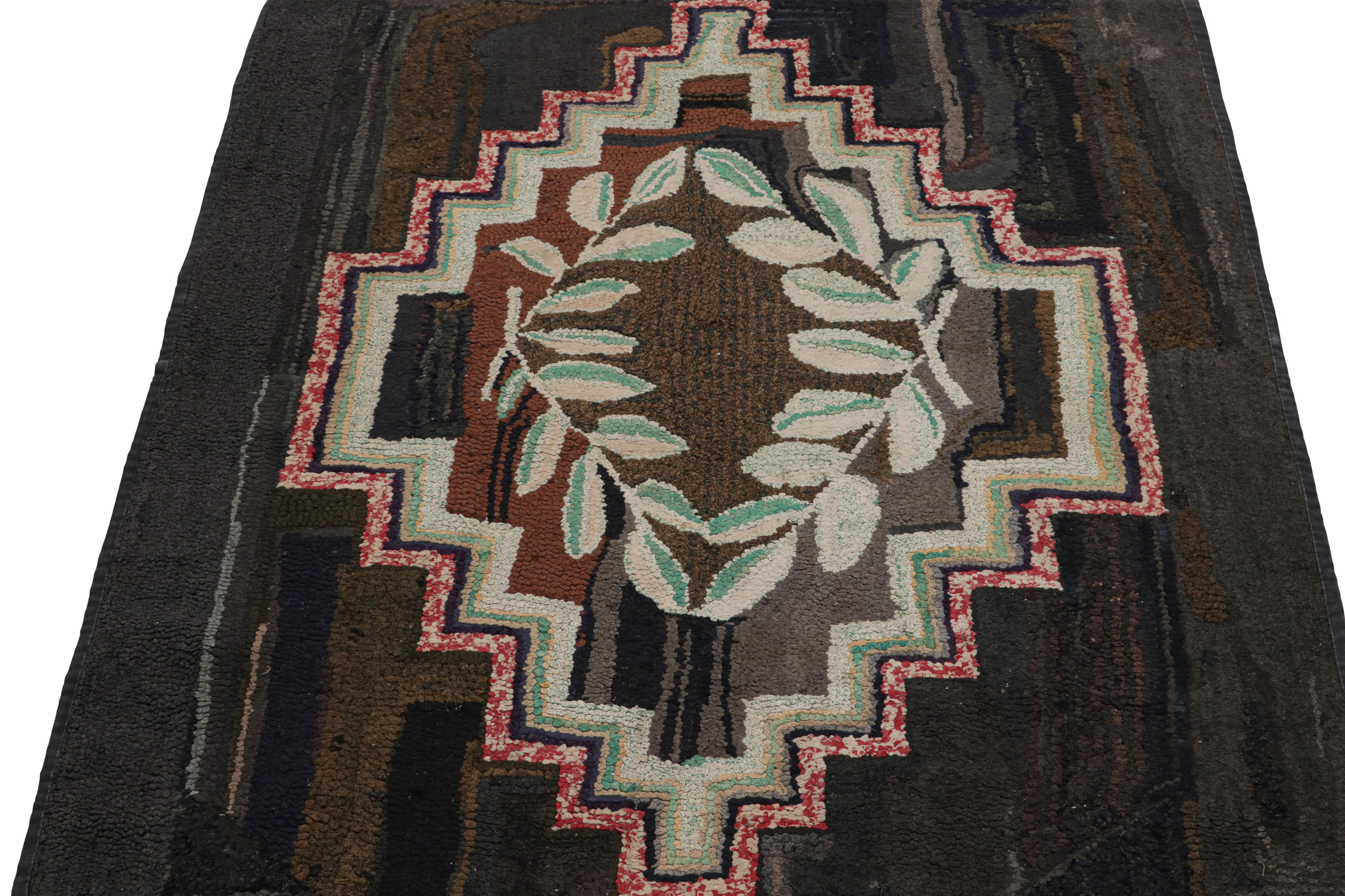 American Antique Hooked Rug in Brown with Laurels and Geometric Pattern, from Rug & Kilim For Sale