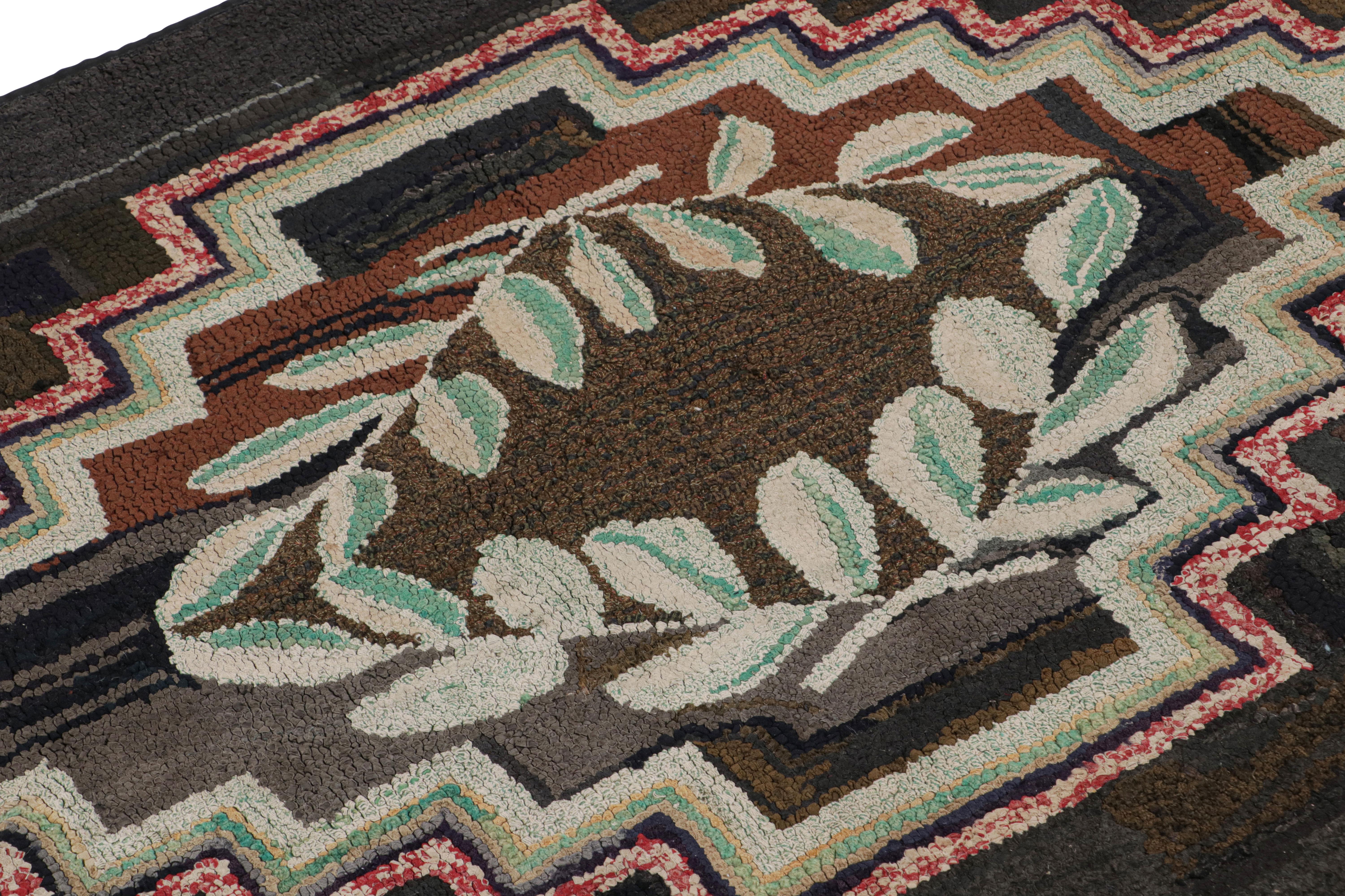 Early 20th Century Antique Hooked Rug in Brown with Laurels and Geometric Pattern, from Rug & Kilim For Sale