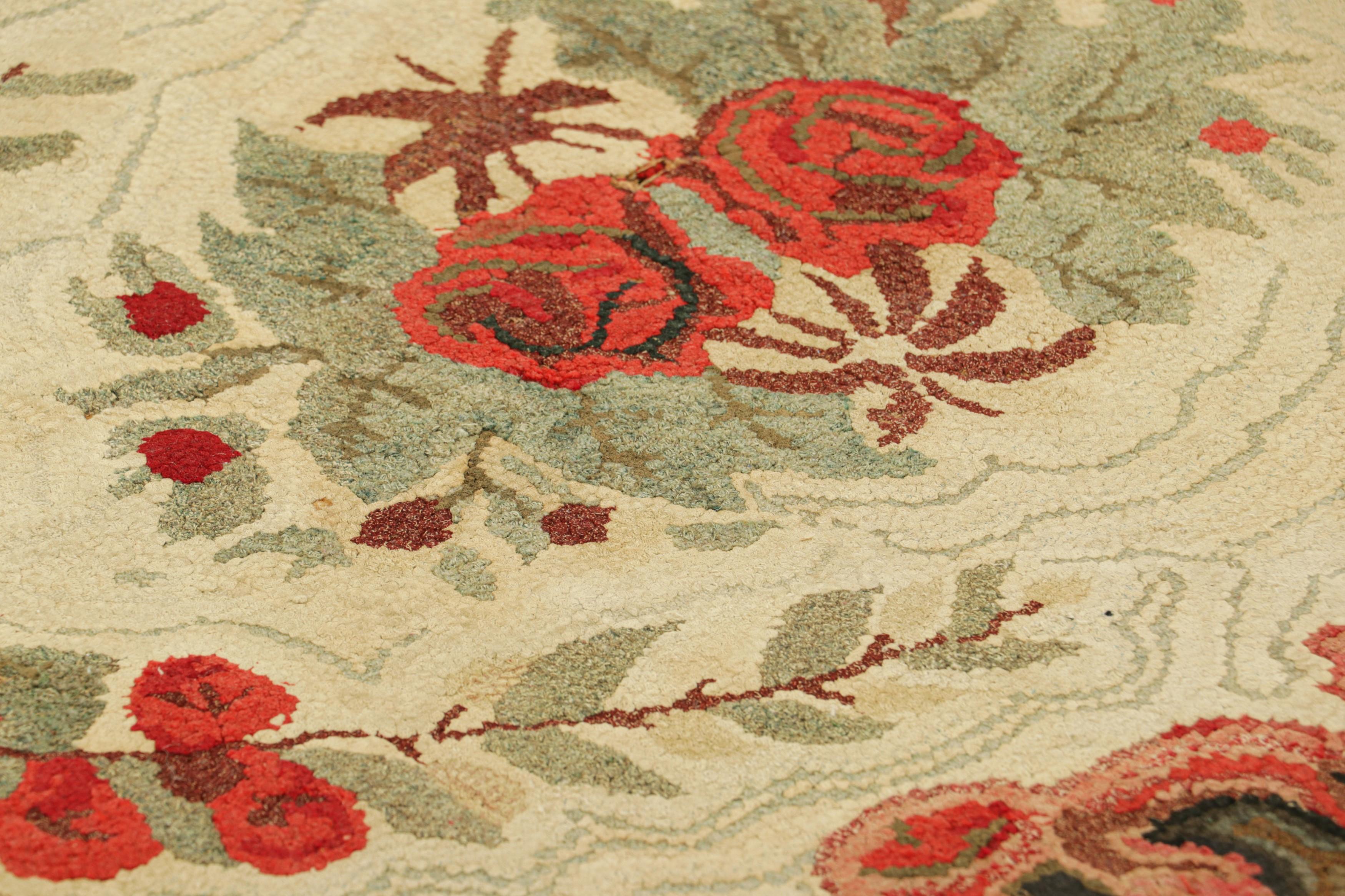 Handmade in wool and originating circa 1920-1930, this 3x4 rug is a rare and exciting new curation in Rug & Kilim’s collection of antique hooked rugs. 

On the Design: 

This exquisite American hooked rug showcases a refined floral medallion design