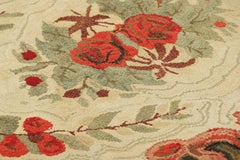 Antique Hooked Rug in Cream & Pink with Colorful Floral Medallion  Rug & Kilim