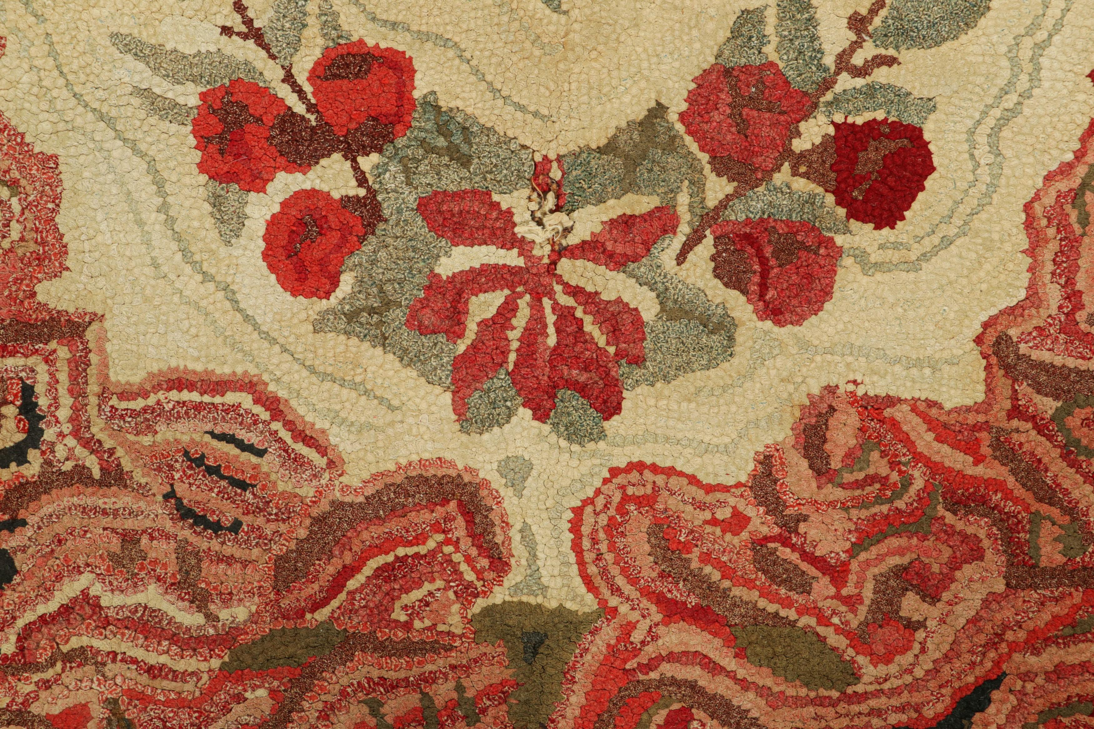 American Antique Hooked Rug in Cream & Pink with Colorful Floral Medallion  Rug & Kilim For Sale