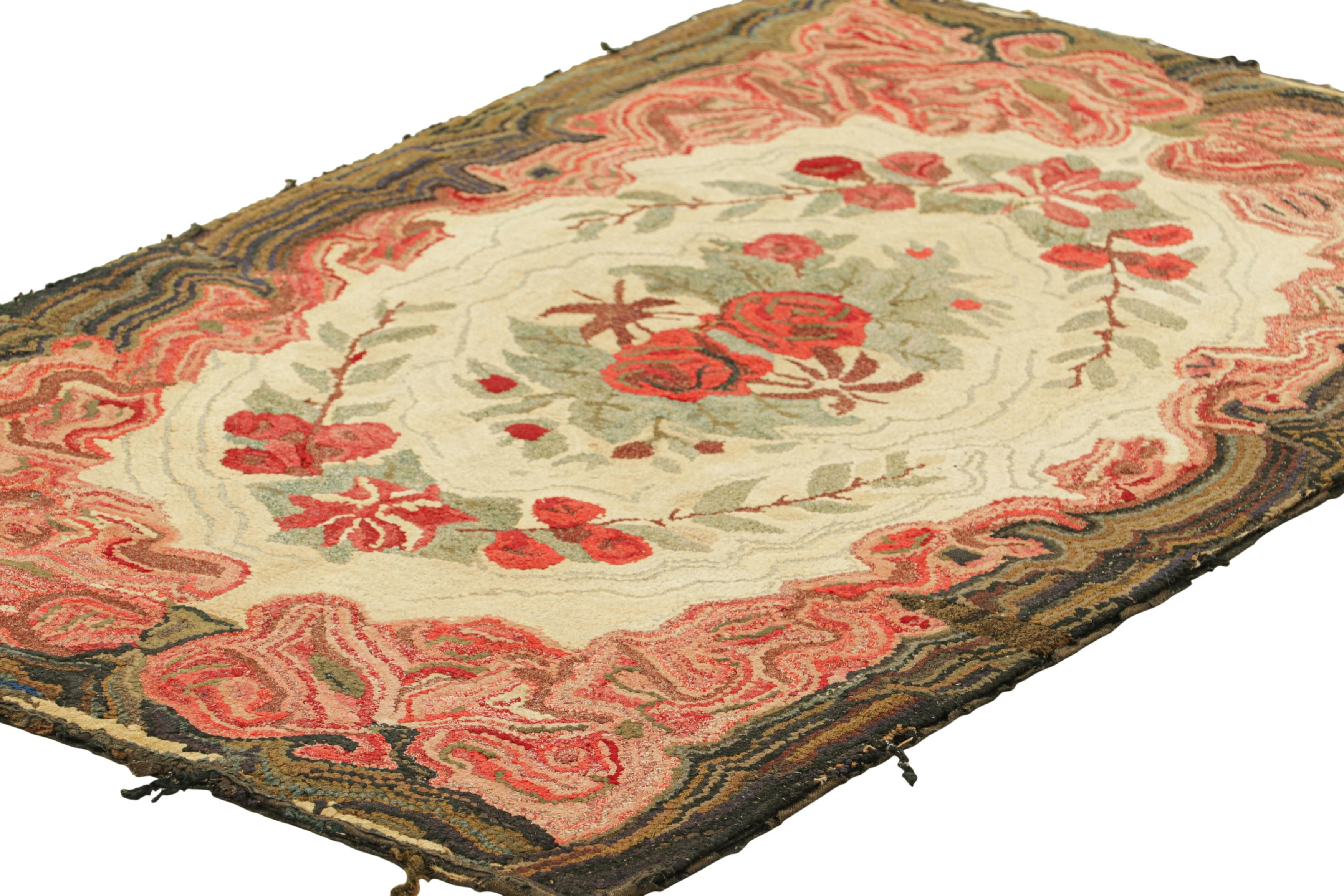 Hand-Knotted Antique Hooked Rug in Cream & Pink with Colorful Floral Medallion  Rug & Kilim For Sale