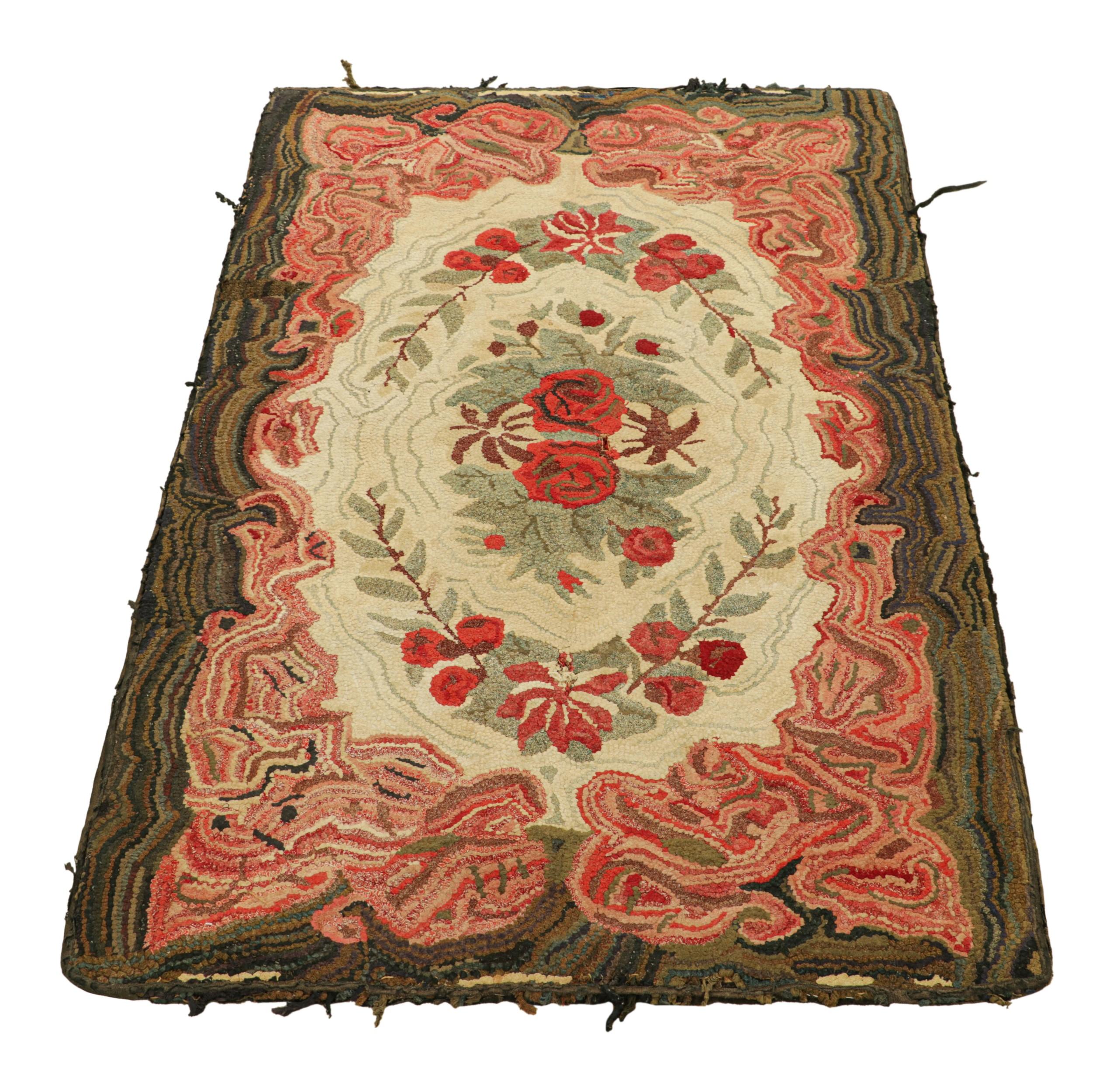 Antique Hooked Rug in Cream & Pink with Colorful Floral Medallion  Rug & Kilim In Good Condition For Sale In Long Island City, NY