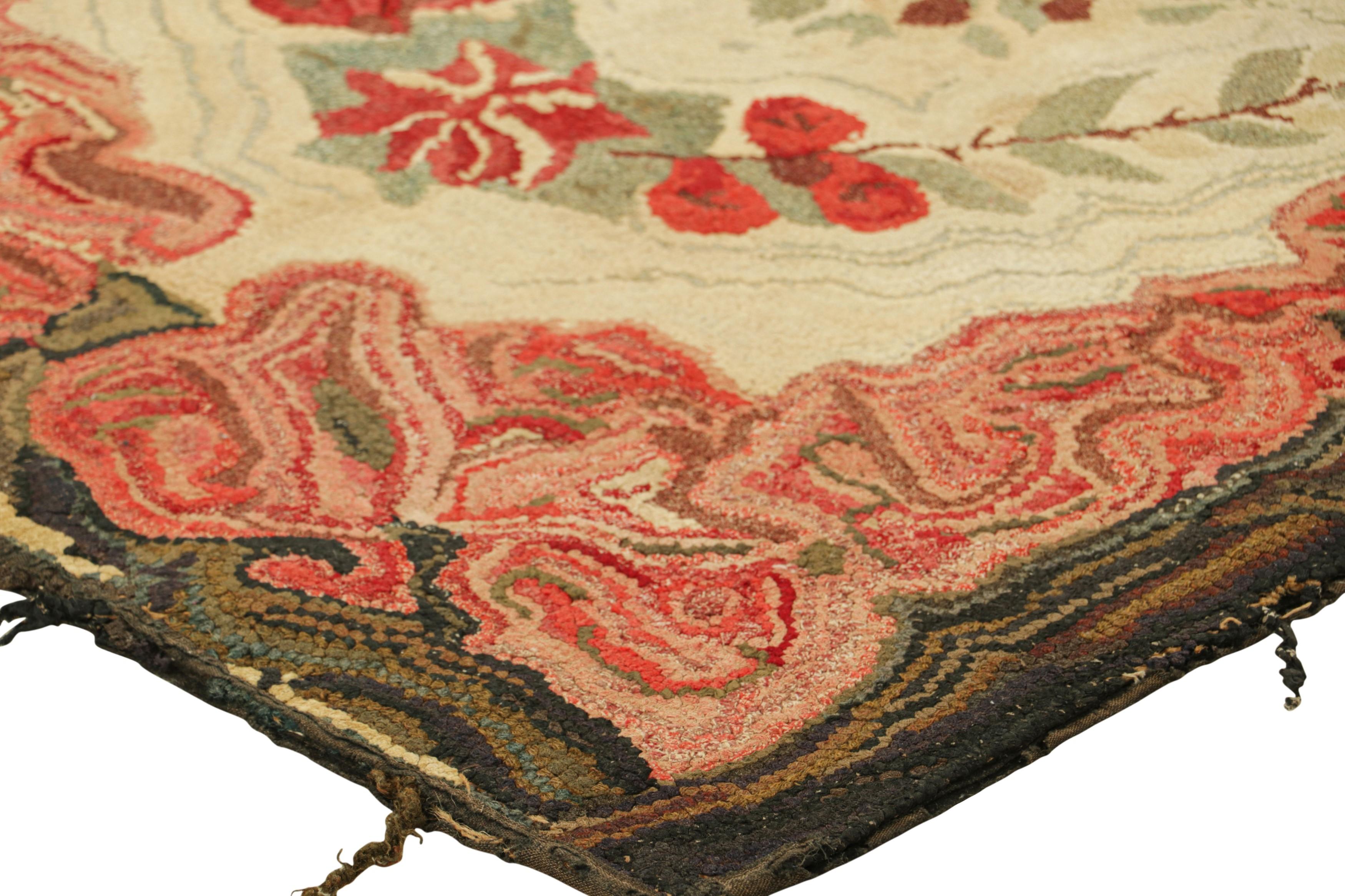 Early 20th Century Antique Hooked Rug in Cream & Pink with Colorful Floral Medallion  Rug & Kilim For Sale