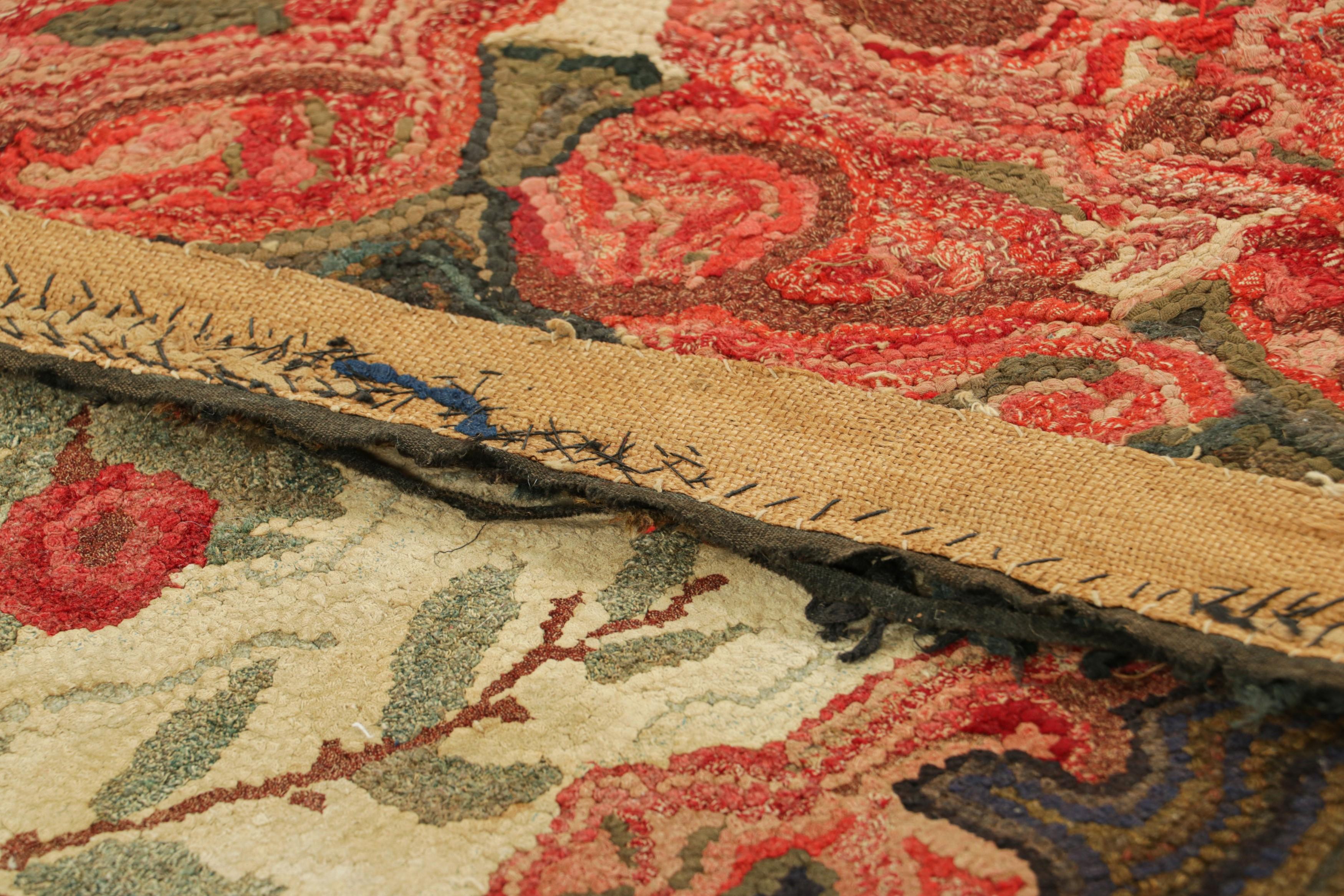 Wool Antique Hooked Rug in Cream & Pink with Colorful Floral Medallion  Rug & Kilim For Sale