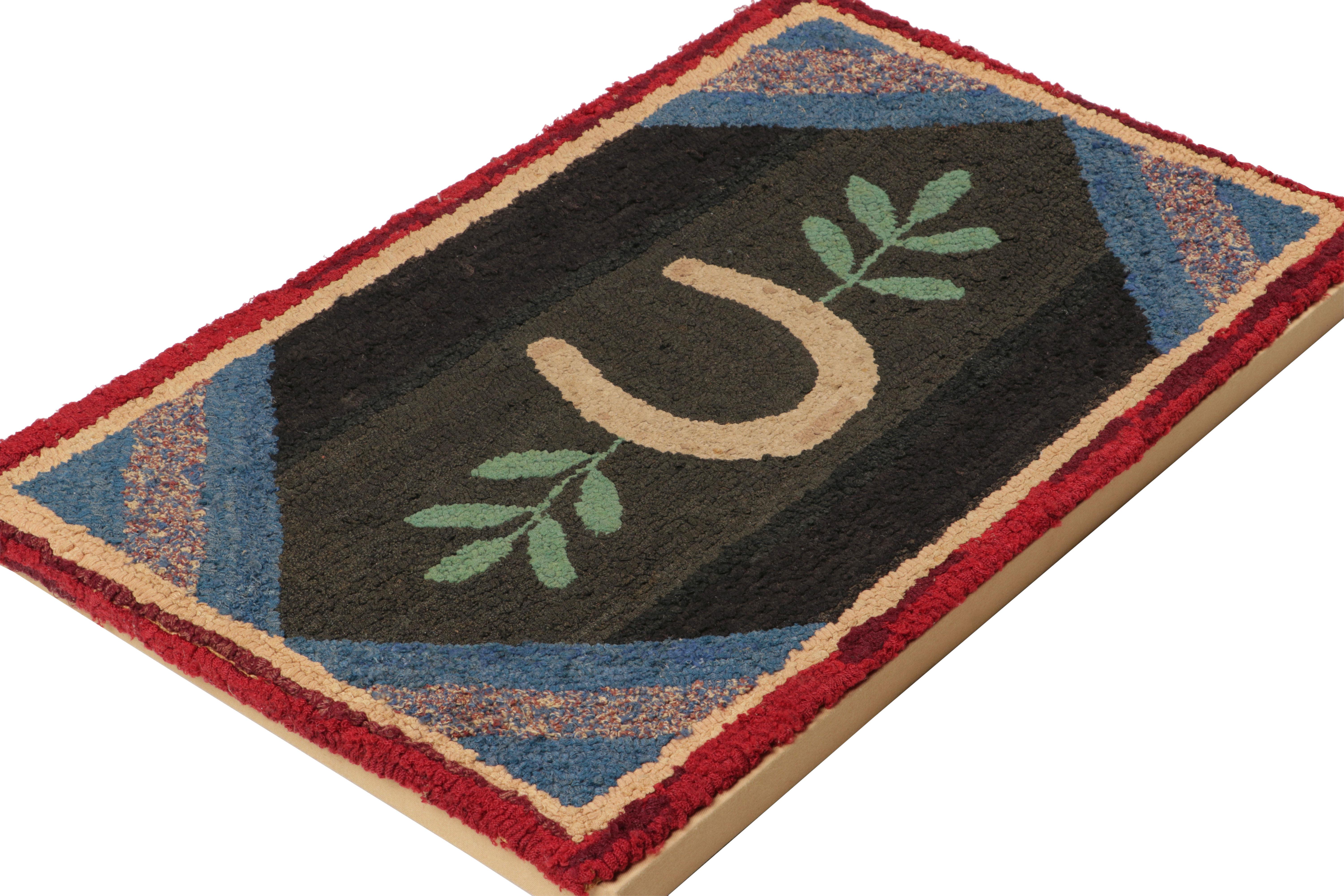 This 2x3 antique hooked rug is an exceptional addition to Rug & Kilim's collection of rare and collectible American hooked rugs and folk art designs—a fabulous bucolic find of early 20th century talismanic design in its provenance, made with