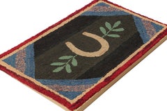 Antique Framed Hooked Rug, Dark Brown with Horseshoe Pictorial - Rug & Kilim