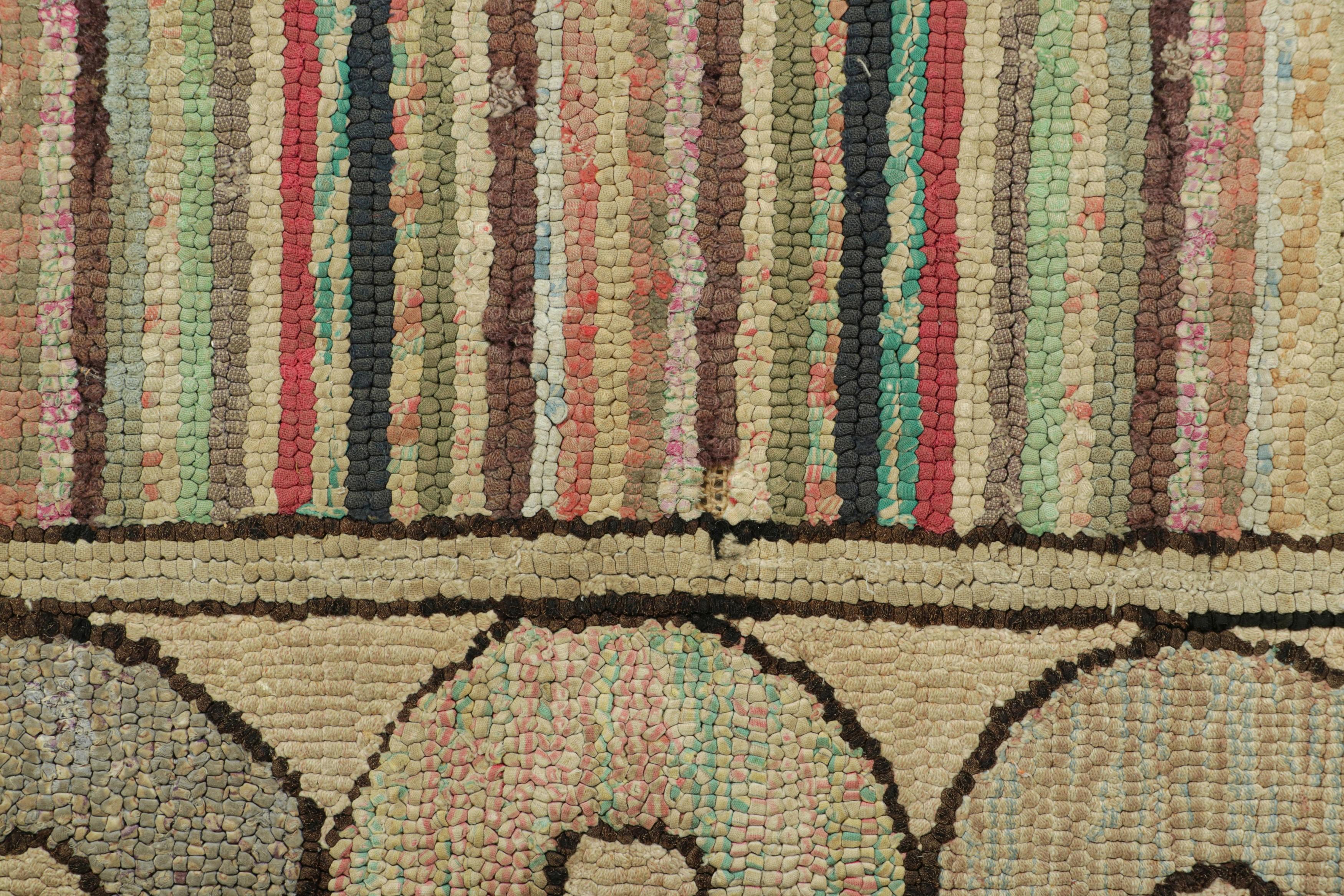 American Antique Hooked Rug in Geometric Patterns and Polychromatic Stripes  Rug & Kilim