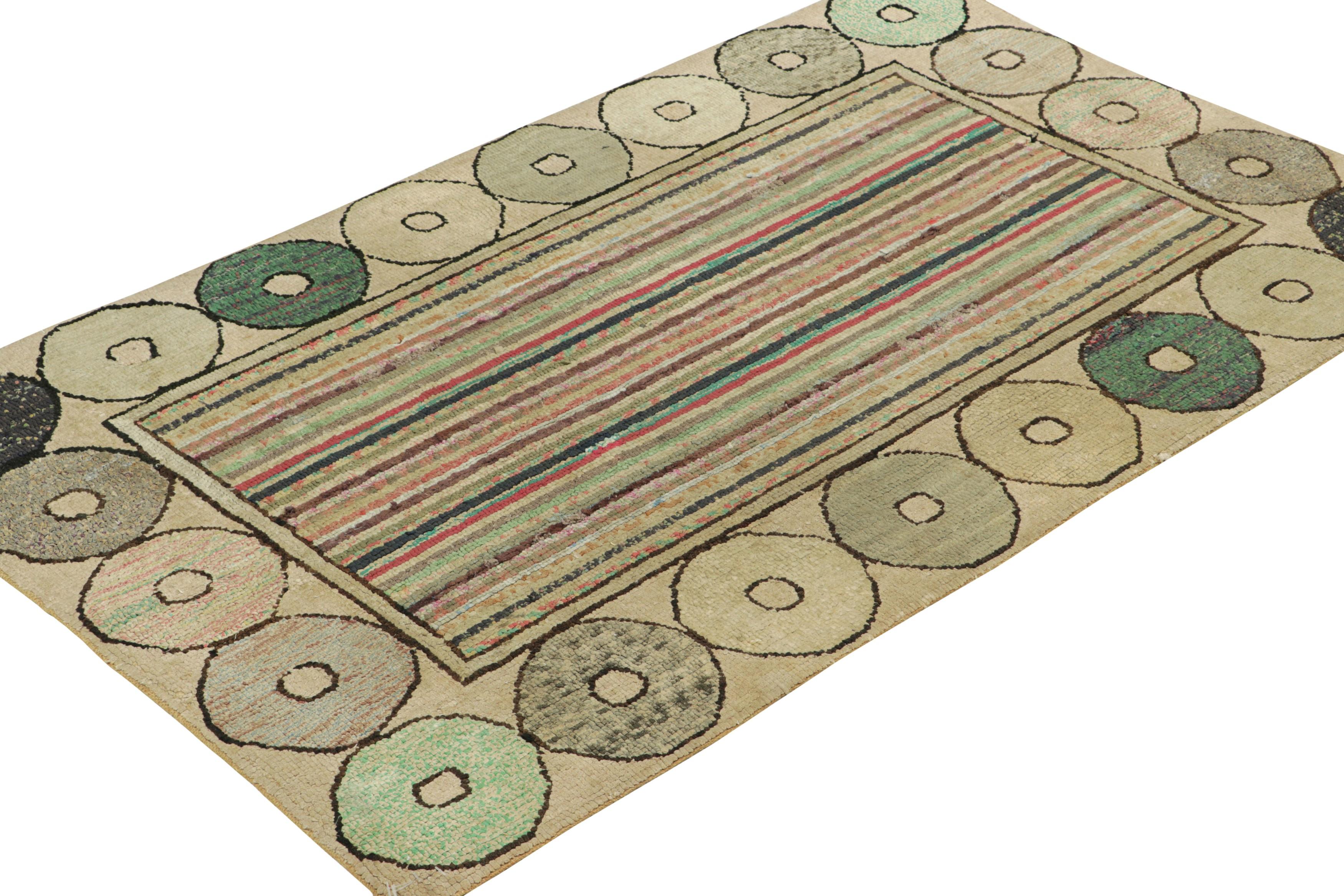 Hand-Knotted Antique Hooked Rug in Geometric Patterns and Polychromatic Stripes  Rug & Kilim