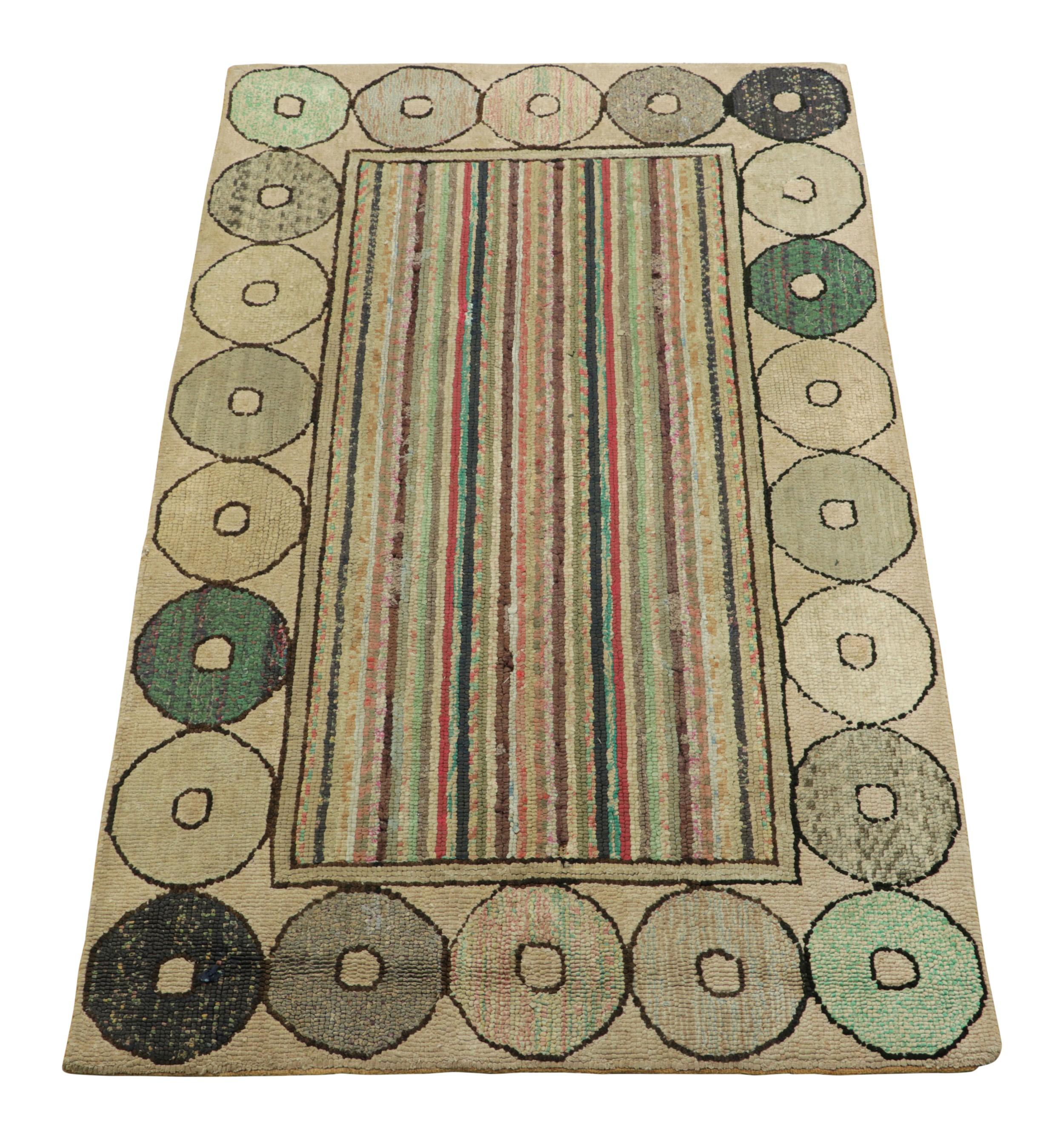 Antique Hooked Rug in Geometric Patterns and Polychromatic Stripes  Rug & Kilim In Good Condition In Long Island City, NY