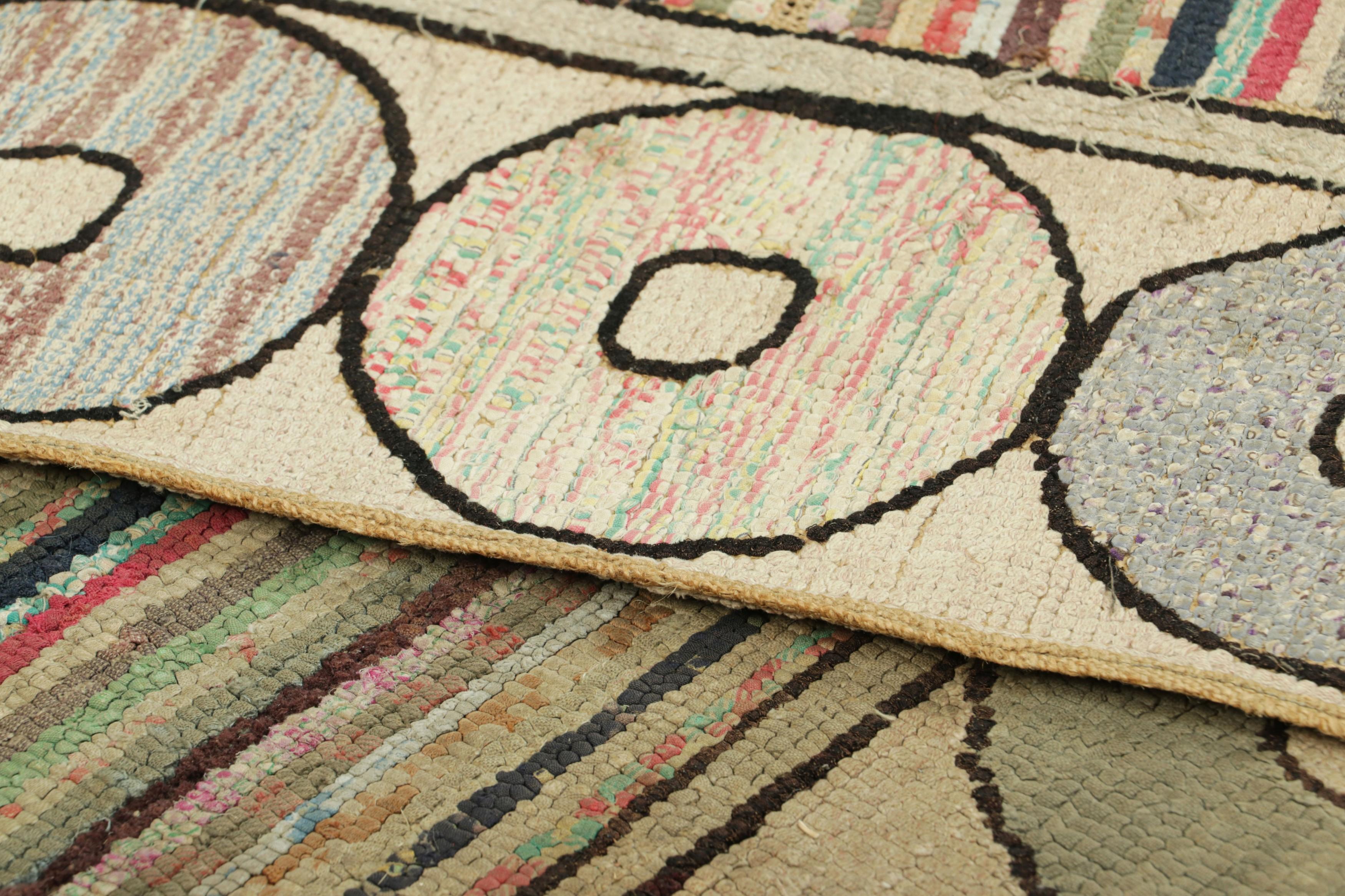 Wool Antique Hooked Rug in Geometric Patterns and Polychromatic Stripes  Rug & Kilim