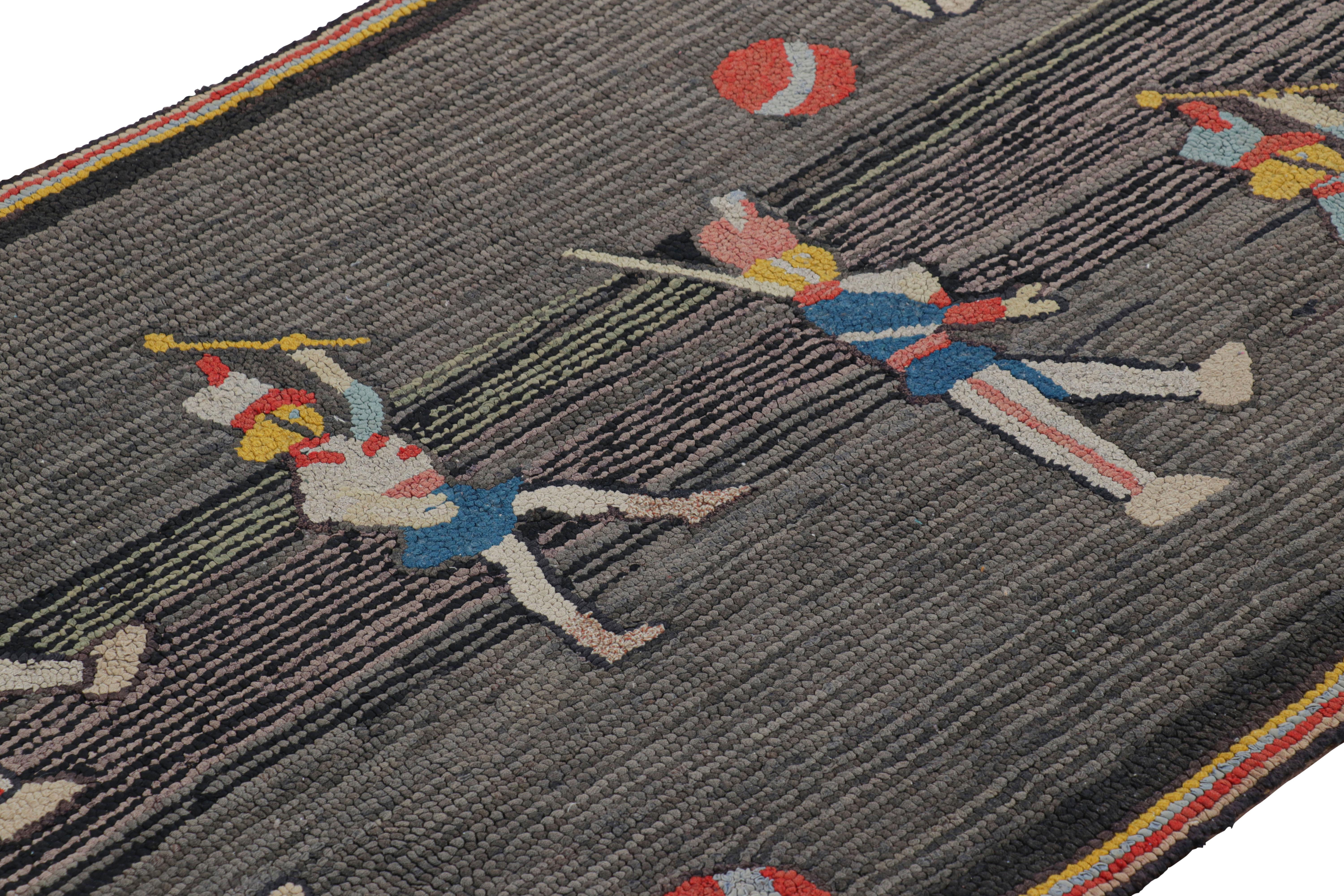 Handmade in wool and originating circa 1920-1930, this 3x4 rug is a rare and exciting new curation in Rug & Kilim’s collection of antique hooked rugs. 

On the Design: 

This hooked rug features a whimsical pictorial design with a pack of four