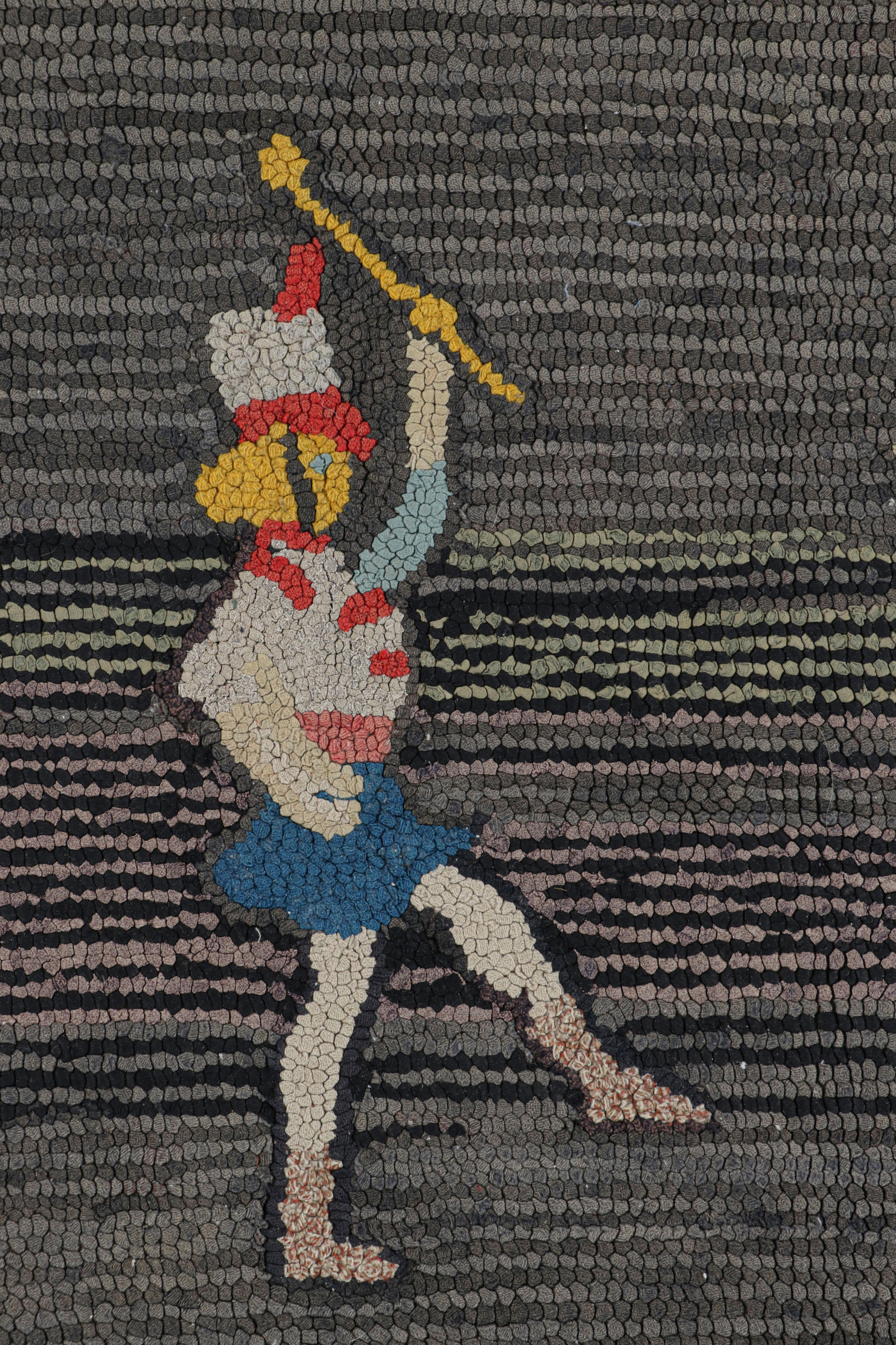 American Antique Hooked Rug in Gray and Red with Pictorial Patterns - Rug & Kilim For Sale
