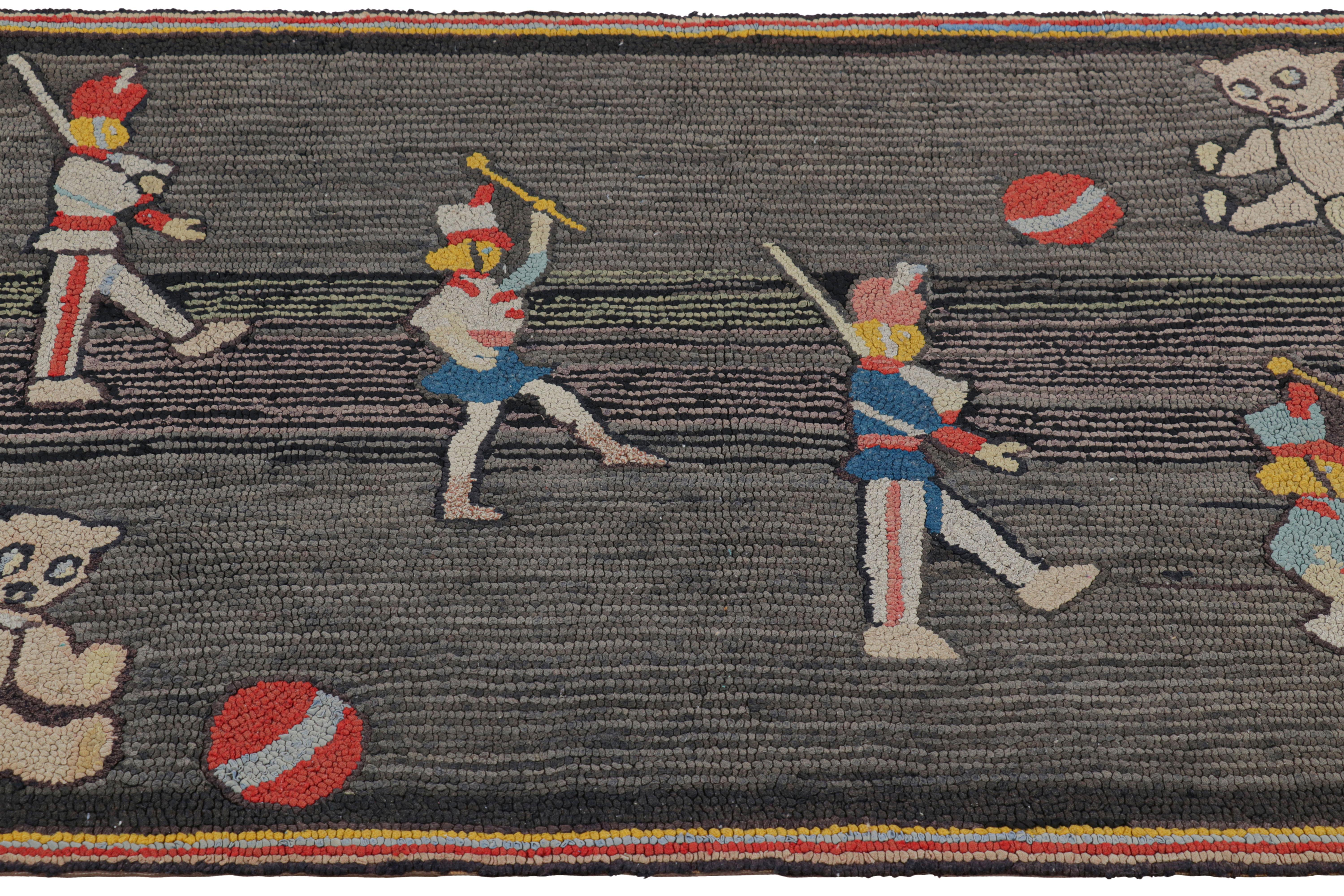 Hand-Painted Antique Hooked Rug in Gray and Red with Pictorial Patterns - Rug & Kilim For Sale