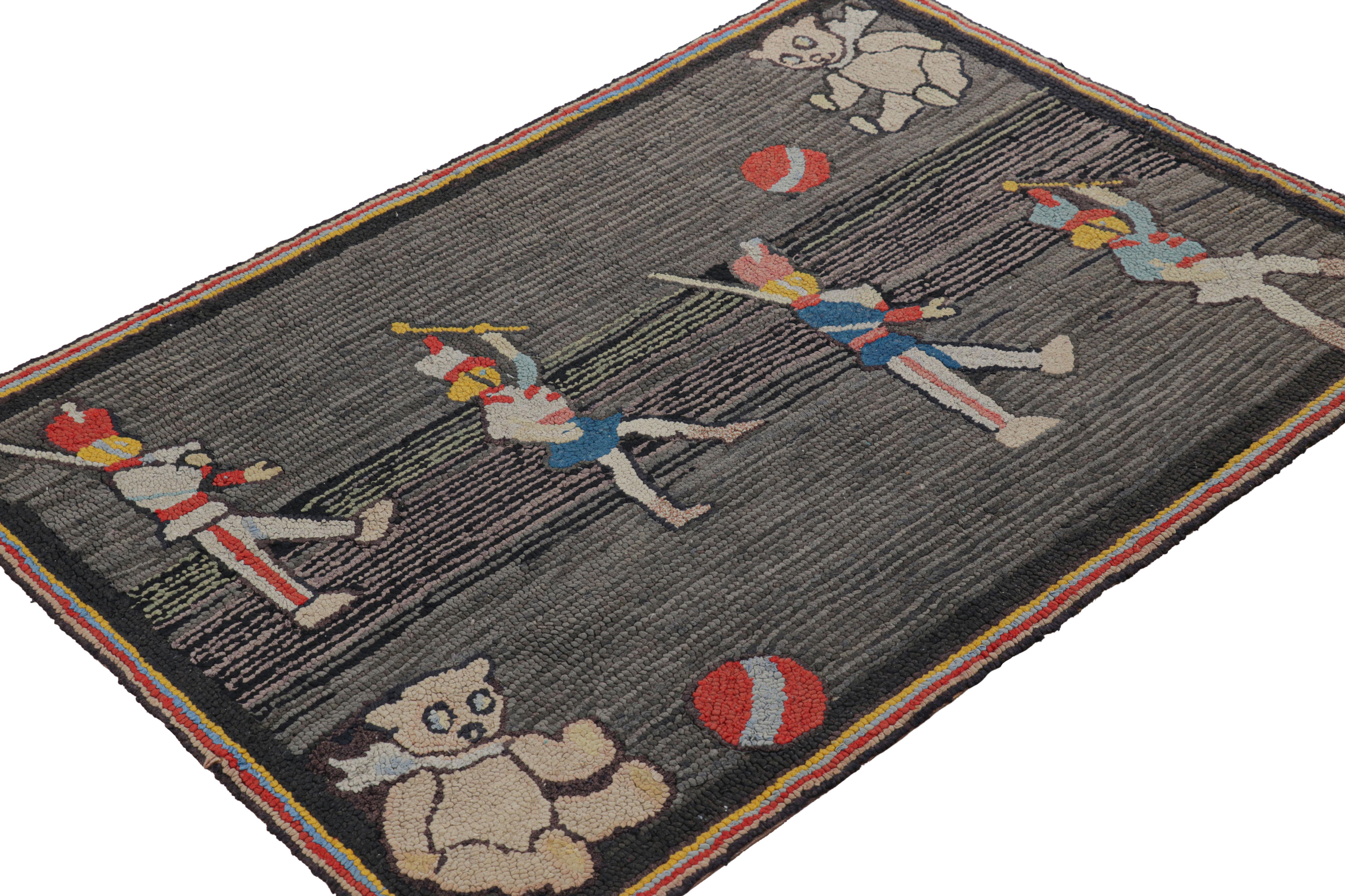 Antique Hooked Rug in Gray and Red with Pictorial Patterns - Rug & Kilim In Good Condition For Sale In Long Island City, NY