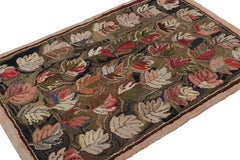Antique Hooked Rug in Green and Brown with Leaf Floral Pattern, from Rug & Kilim
