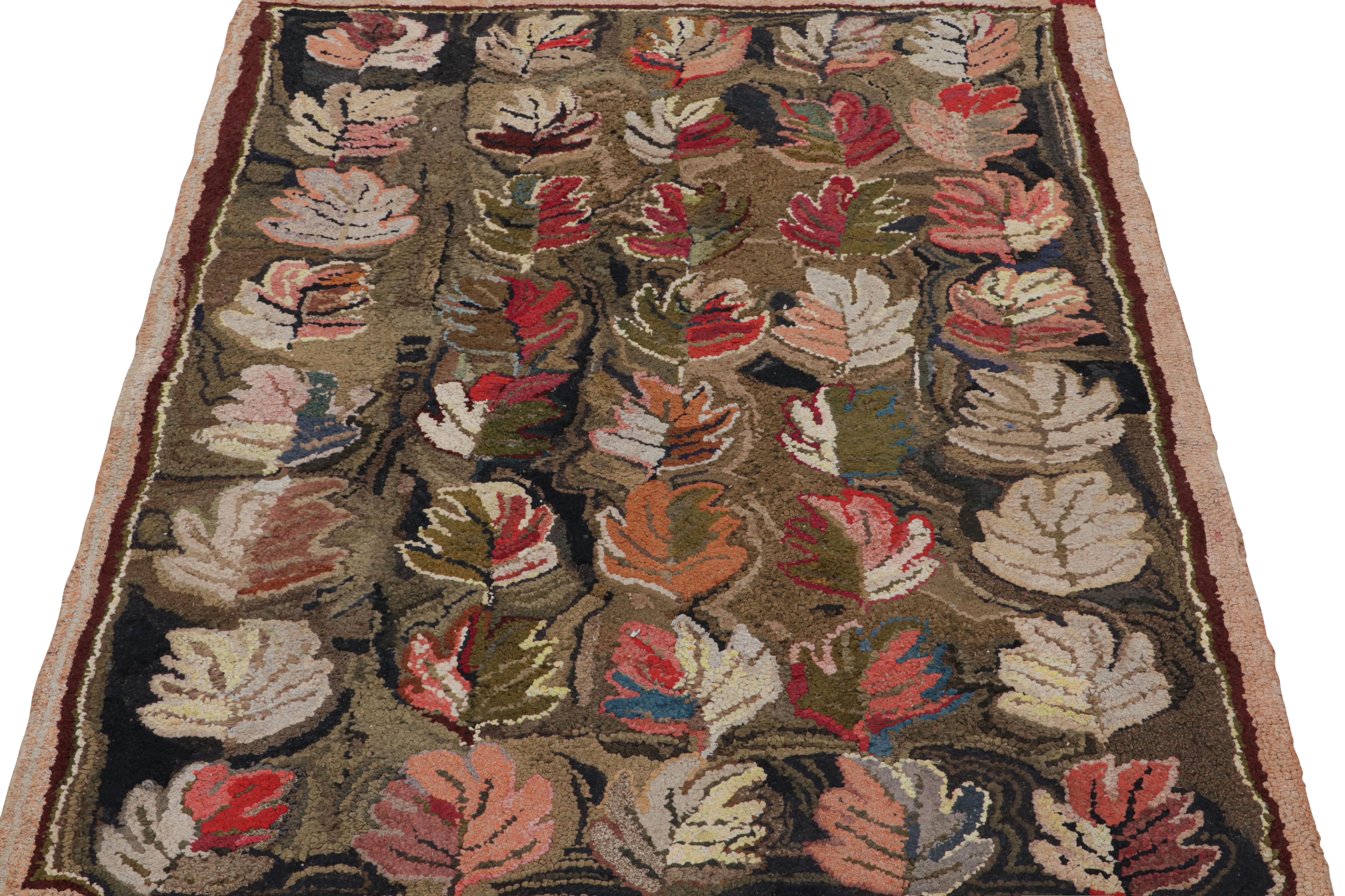 American Antique Hooked Rug in Green and Brown with Leaf Floral Pattern, from Rug & Kilim For Sale