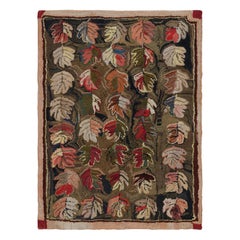Antique Hooked Rug in Green and Brown with Leaf Floral Pattern, from Rug & Kilim