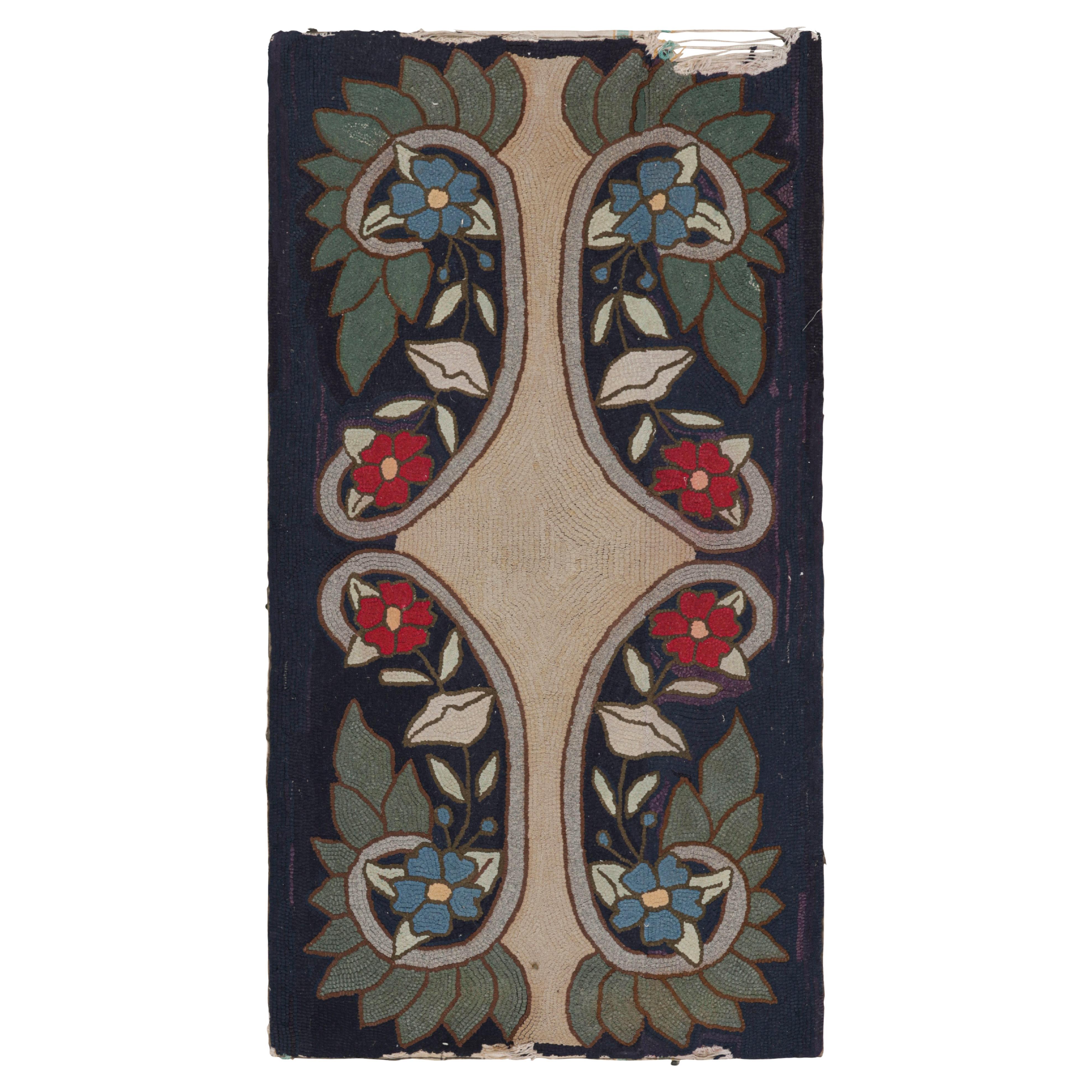 Antique Hooked Rug in Navy Blue with Medallion and Florals from Rug & Kilim