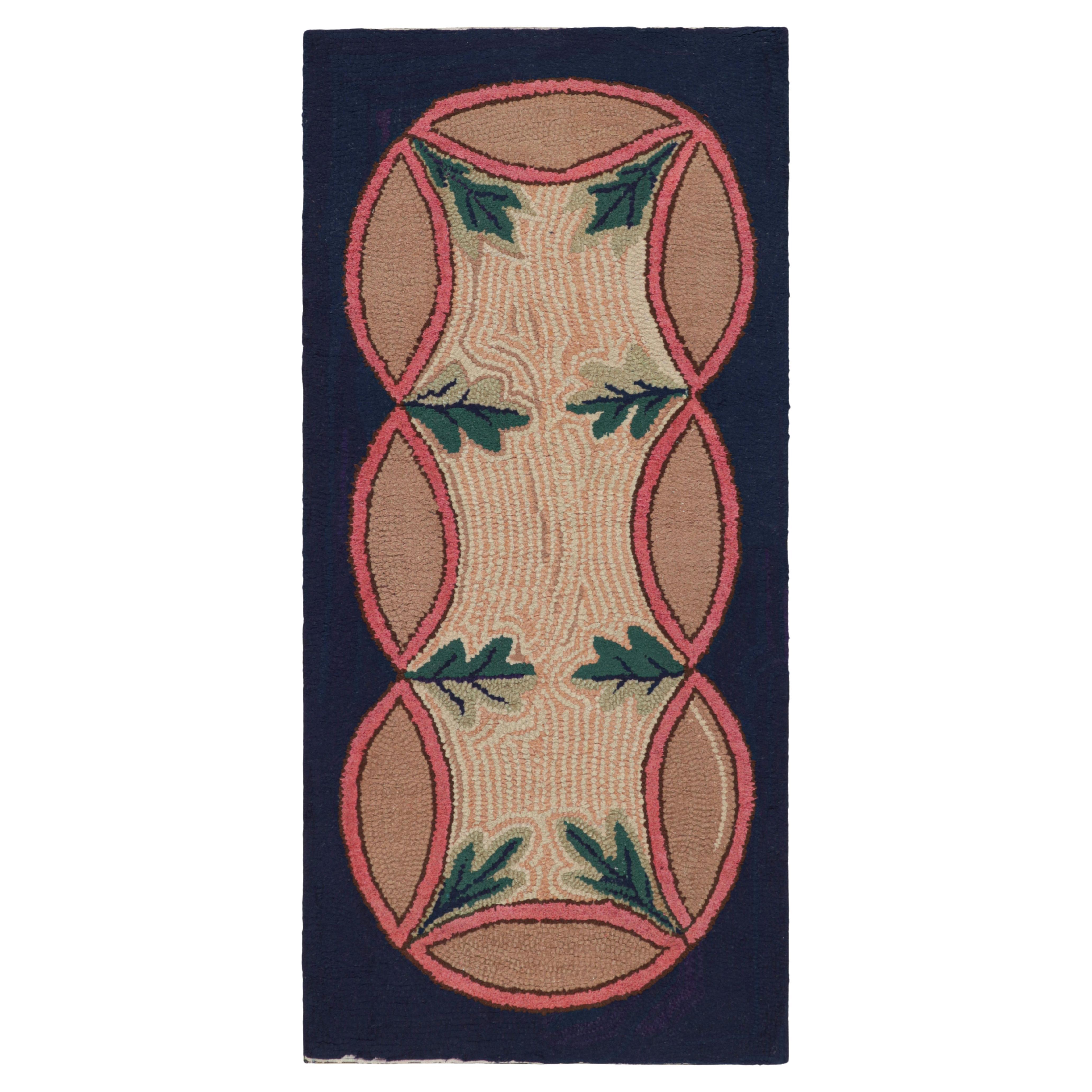 Antique Hooked Rug in Navy Blue with Medallion and Patterns from Rug & Kilim