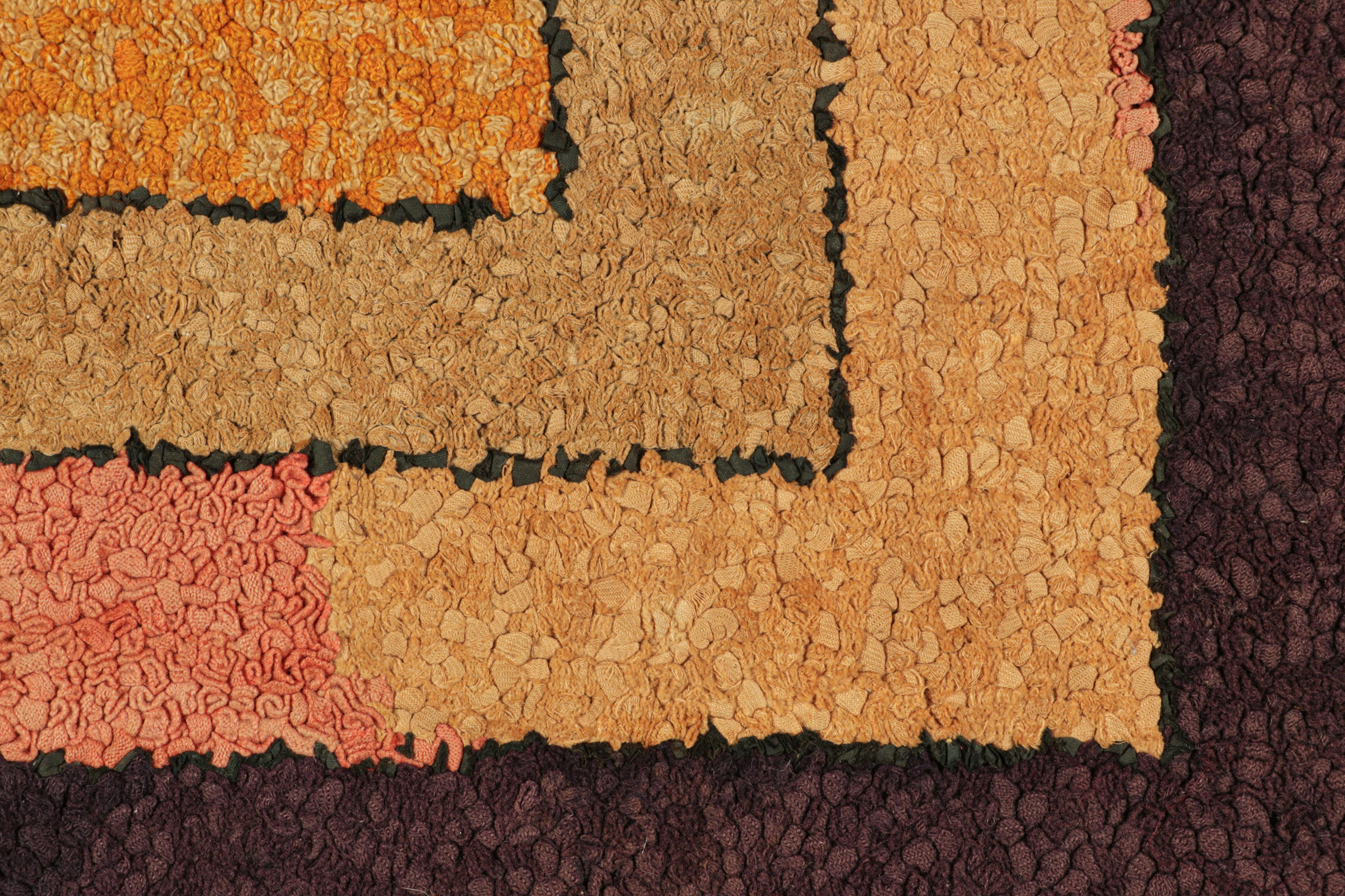 This 1x3 antique hooked rug is an exceptional addition to Rug & Kilim's collection of American hooked rug and folk art designs—an exemplar of early 20th century geometric designs in its provenance, made with hand-hooked wool and originating within