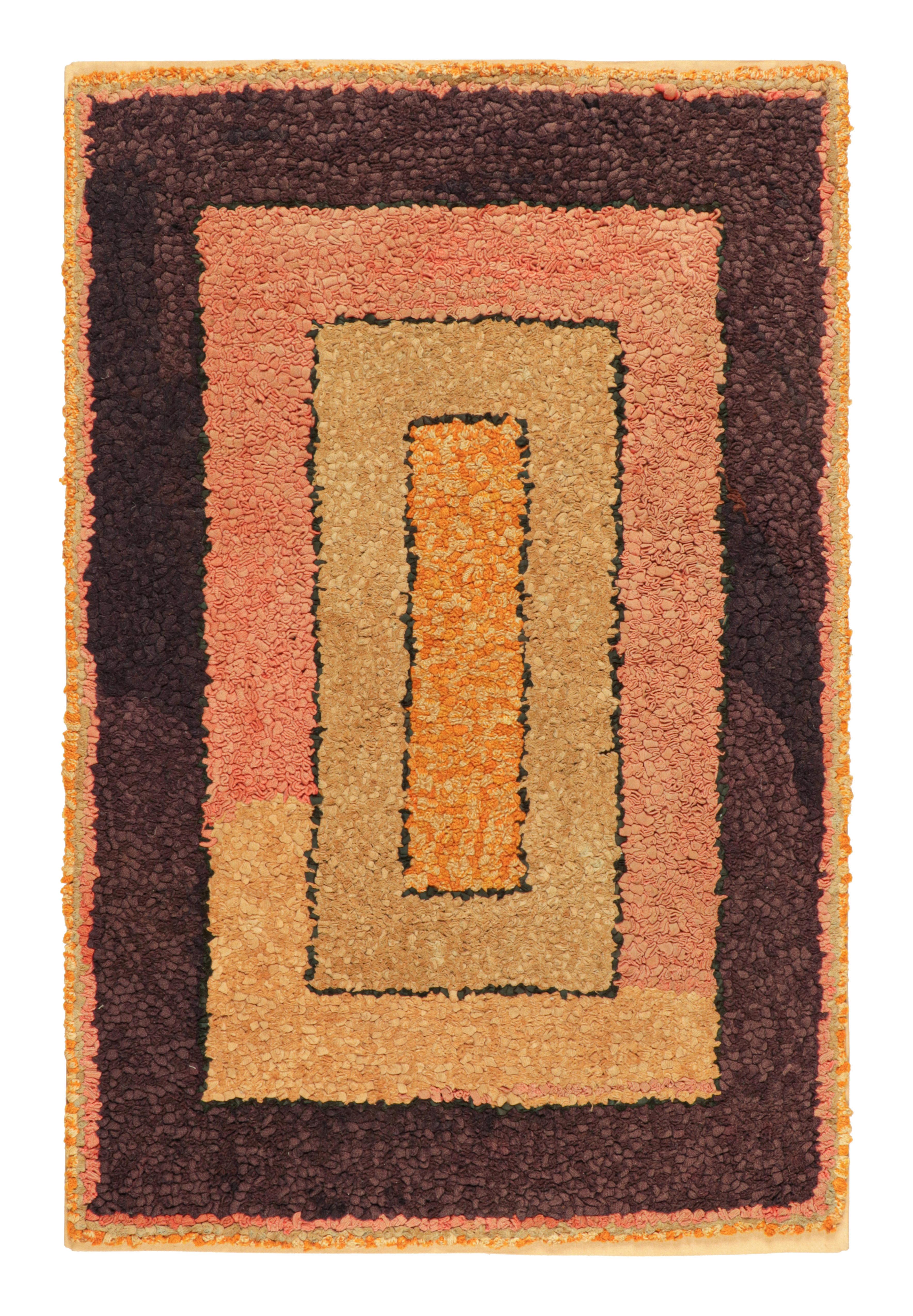 Hand-Knotted Antique Hooked Rug in Pink and Beige with Brown Border - Rug & Kilim For Sale
