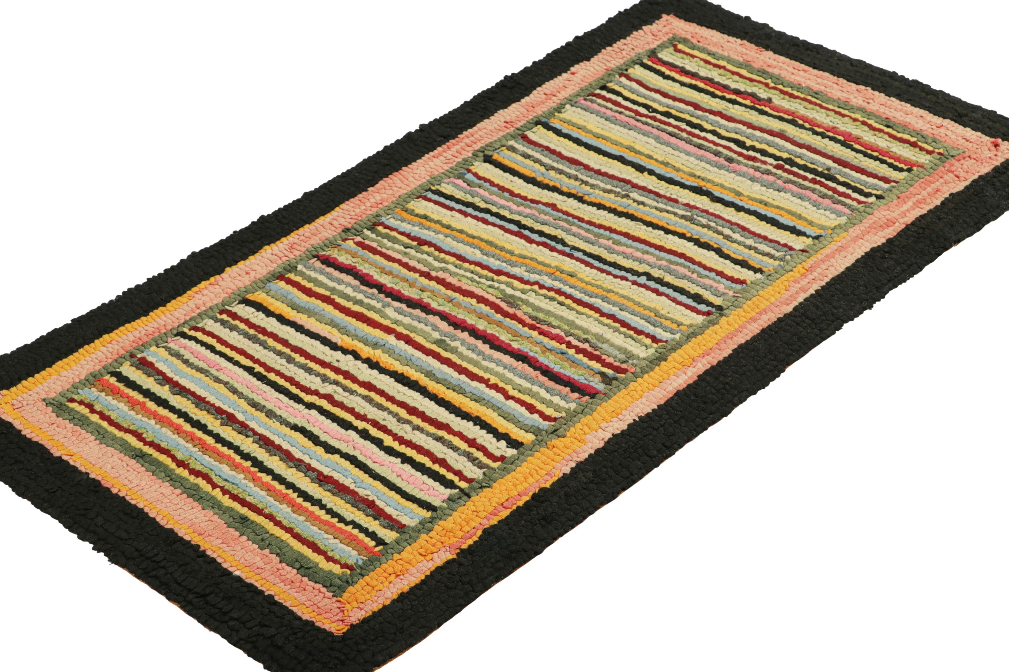 Hand-Knotted Antique Hooked  Rug in Polychromatic Stripes  Rug & Kilim For Sale