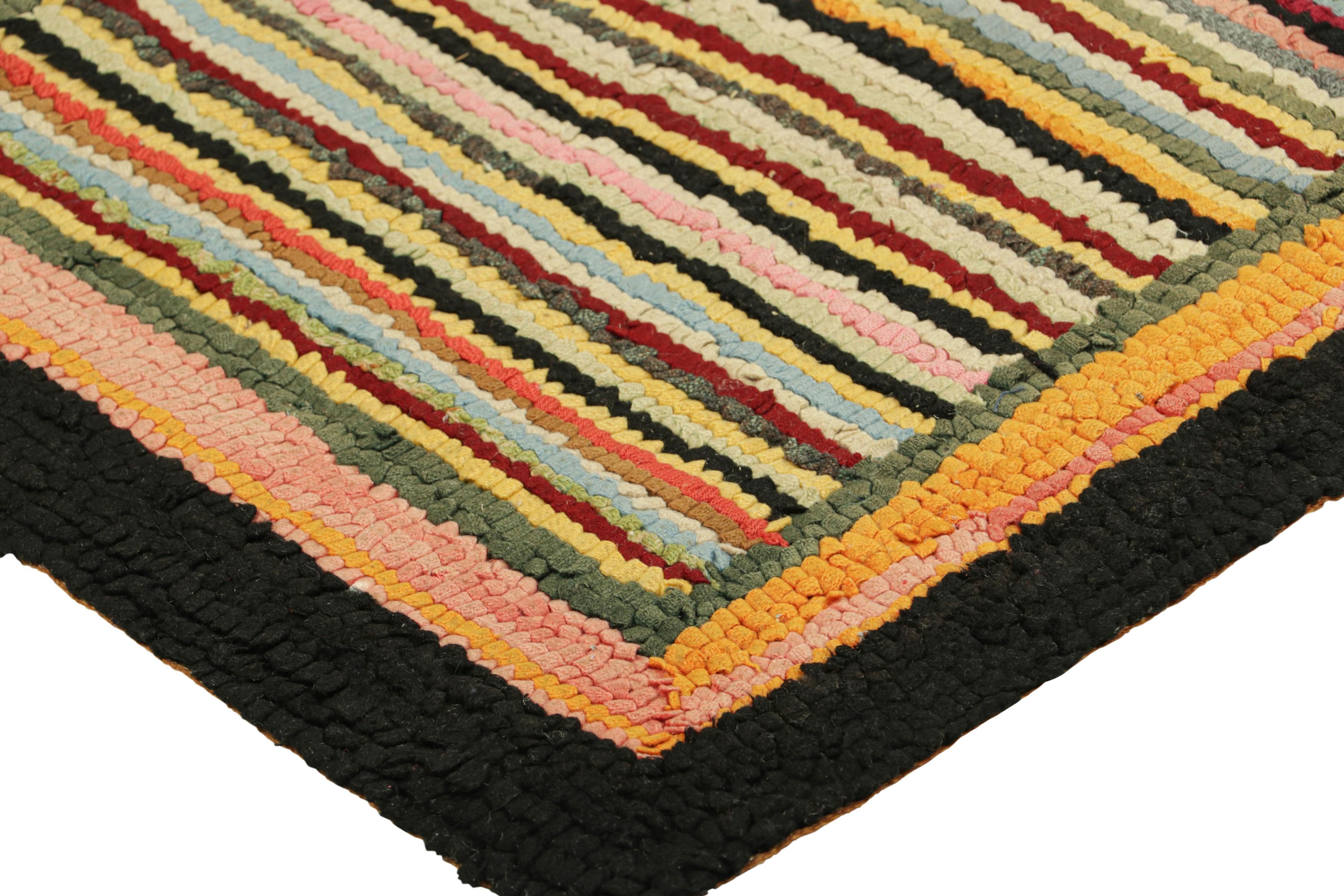 Early 20th Century Antique Hooked  Rug in Polychromatic Stripes  Rug & Kilim For Sale