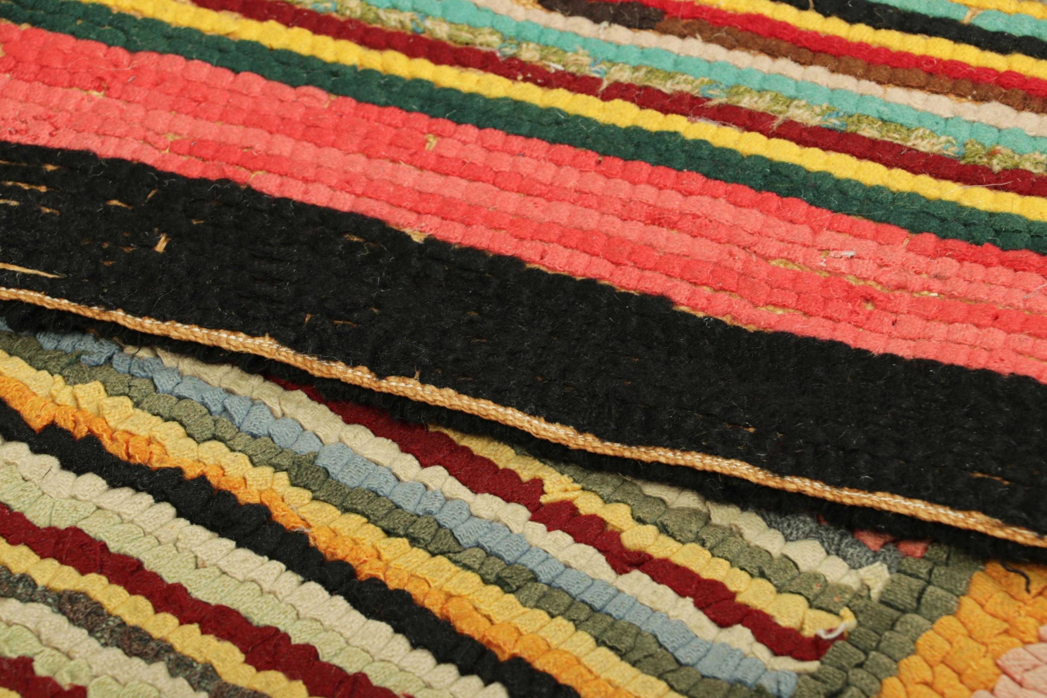 Wool Antique Hooked  Rug in Polychromatic Stripes  Rug & Kilim For Sale