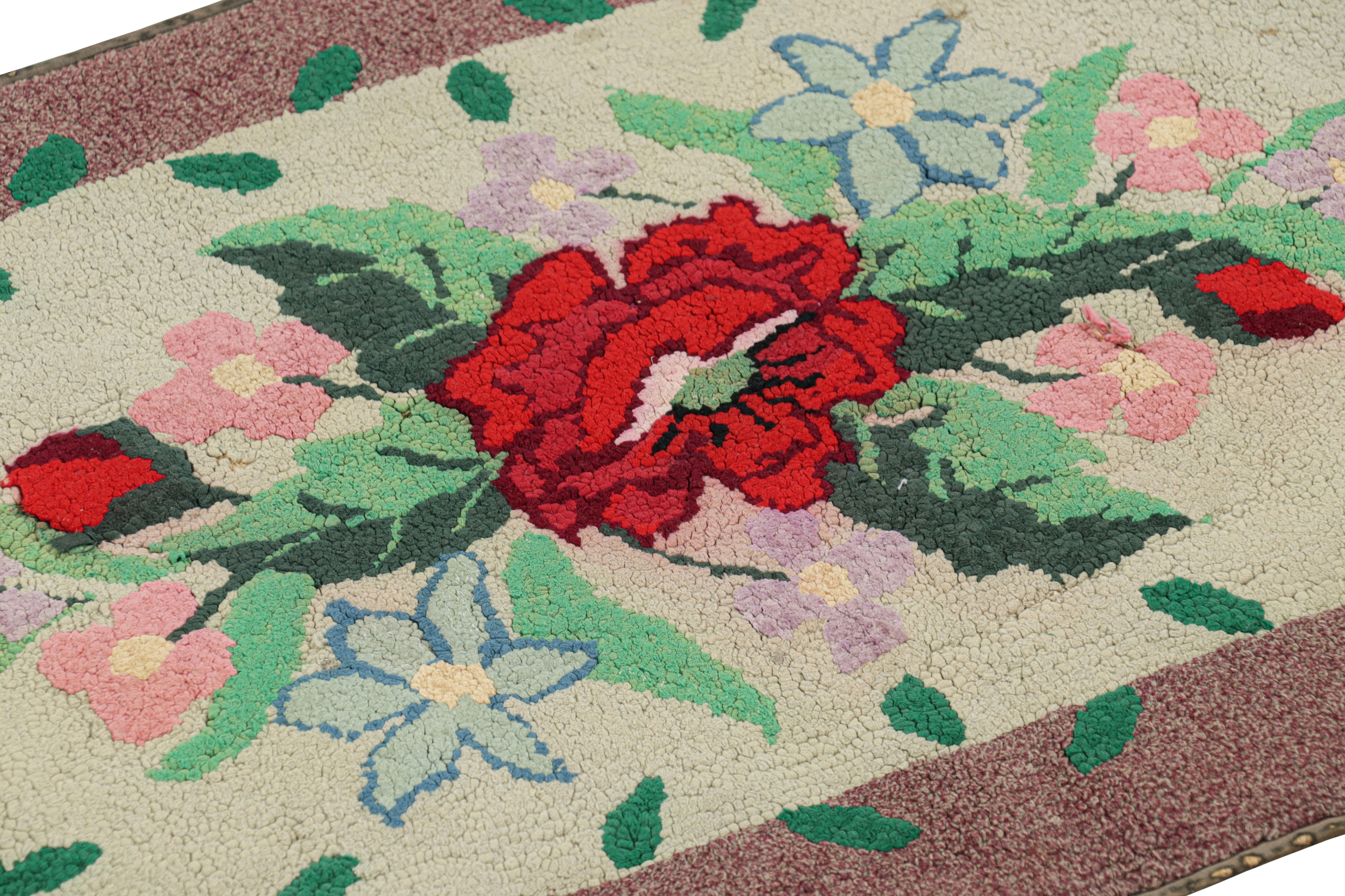 Handmade in wool and originating circa 1920-1930, this 2x3 rug is a rare and exciting new curation in Rug & Kilim’s collection of antique hooked rugs. 

On the Design: 

Admirers of the craft will appreciate this piece as one of the most beautiful