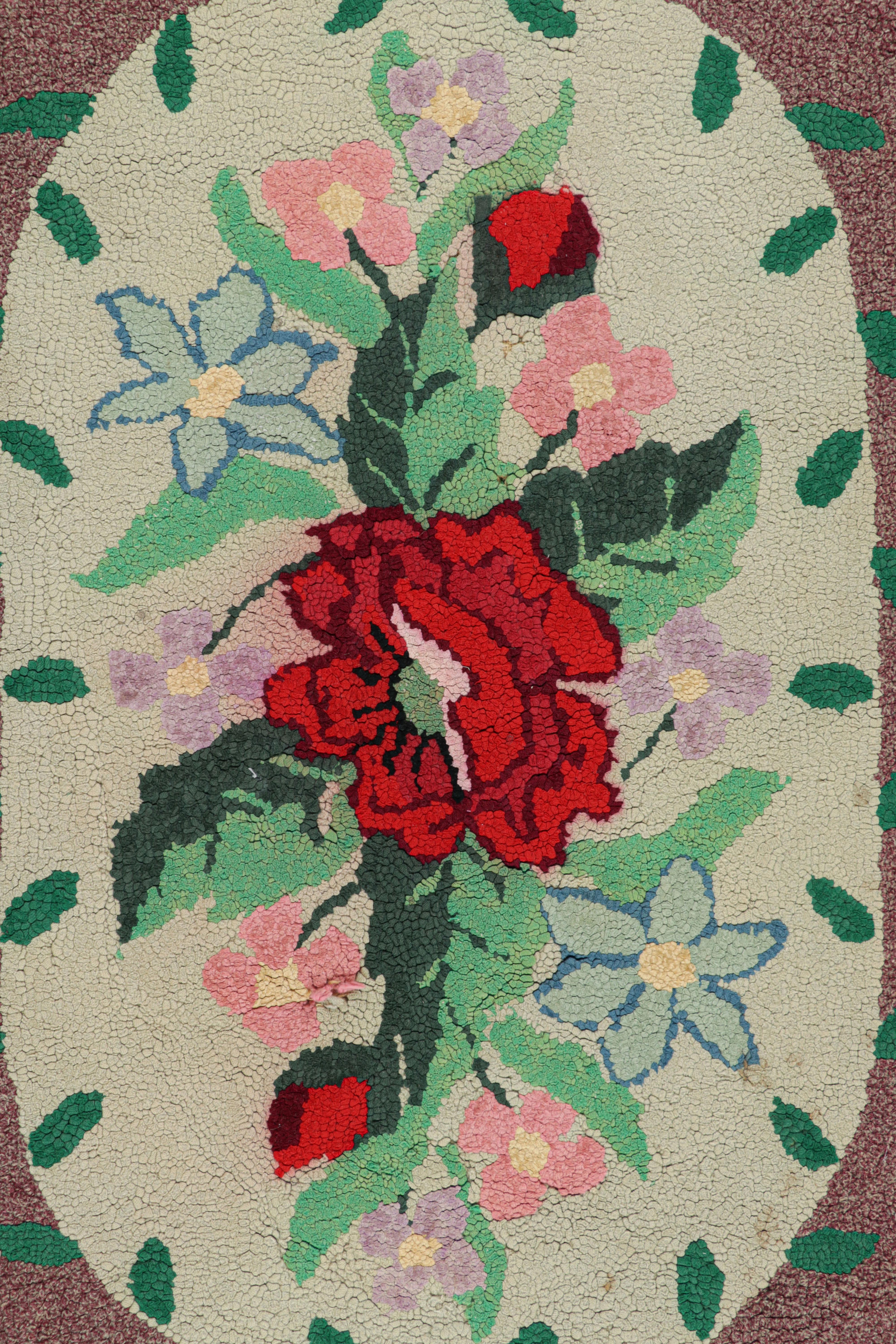 American Antique Hooked Rug in Purple with Floral Medallion & Patterns from Rug & Kilim For Sale