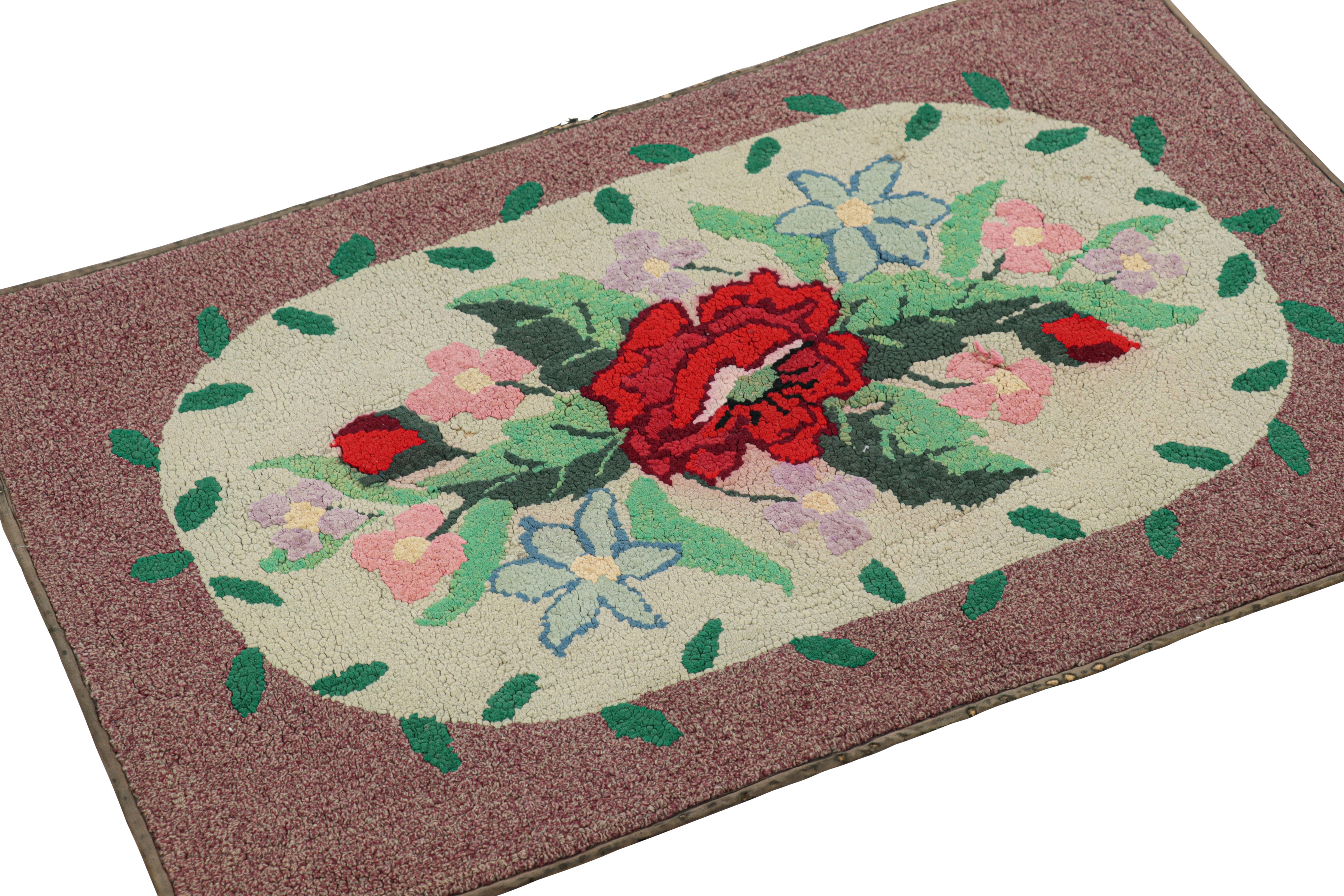 Hand-Knotted Antique Hooked Rug in Purple with Floral Medallion & Patterns from Rug & Kilim For Sale