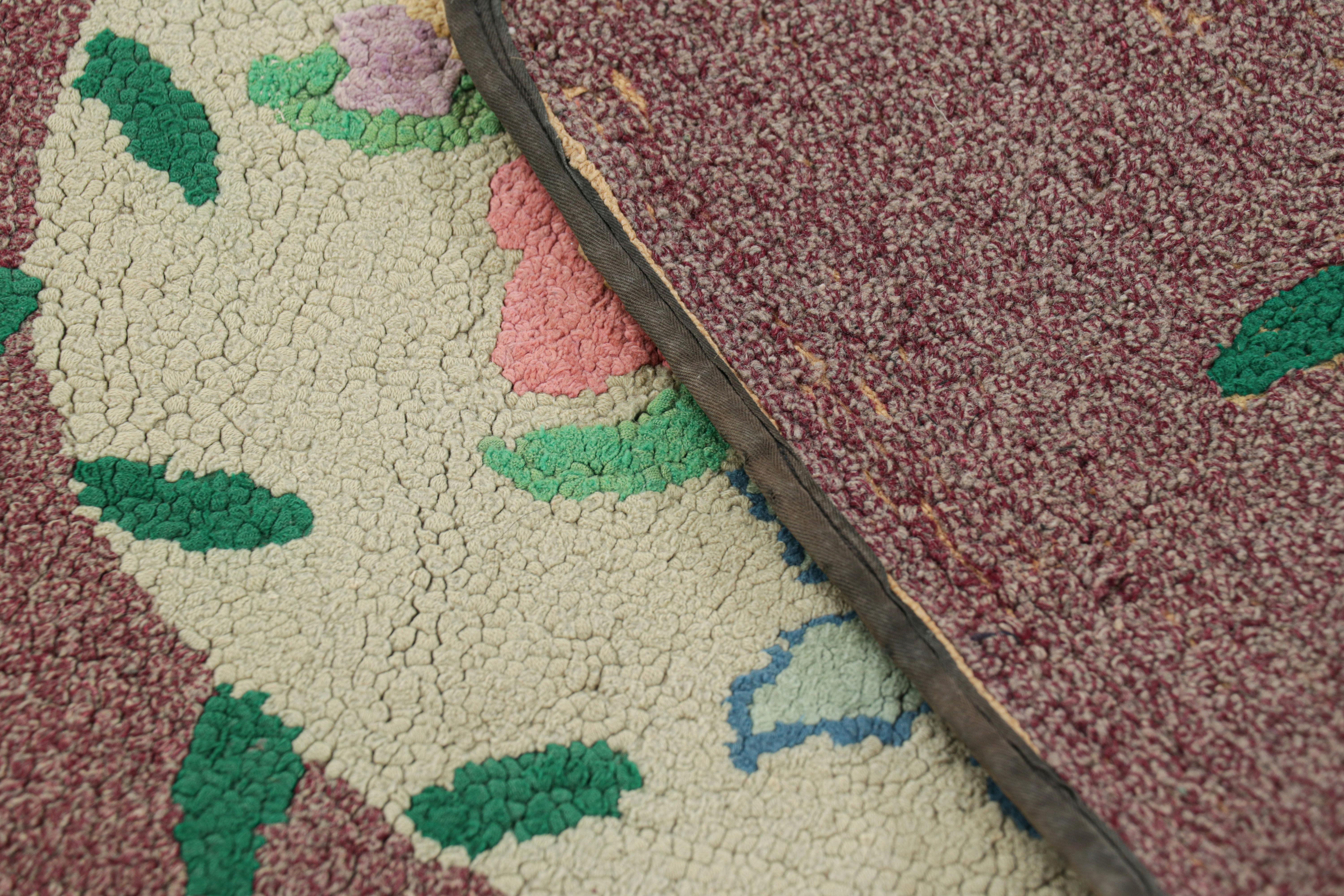 Wool Antique Hooked Rug in Purple with Floral Medallion & Patterns from Rug & Kilim For Sale