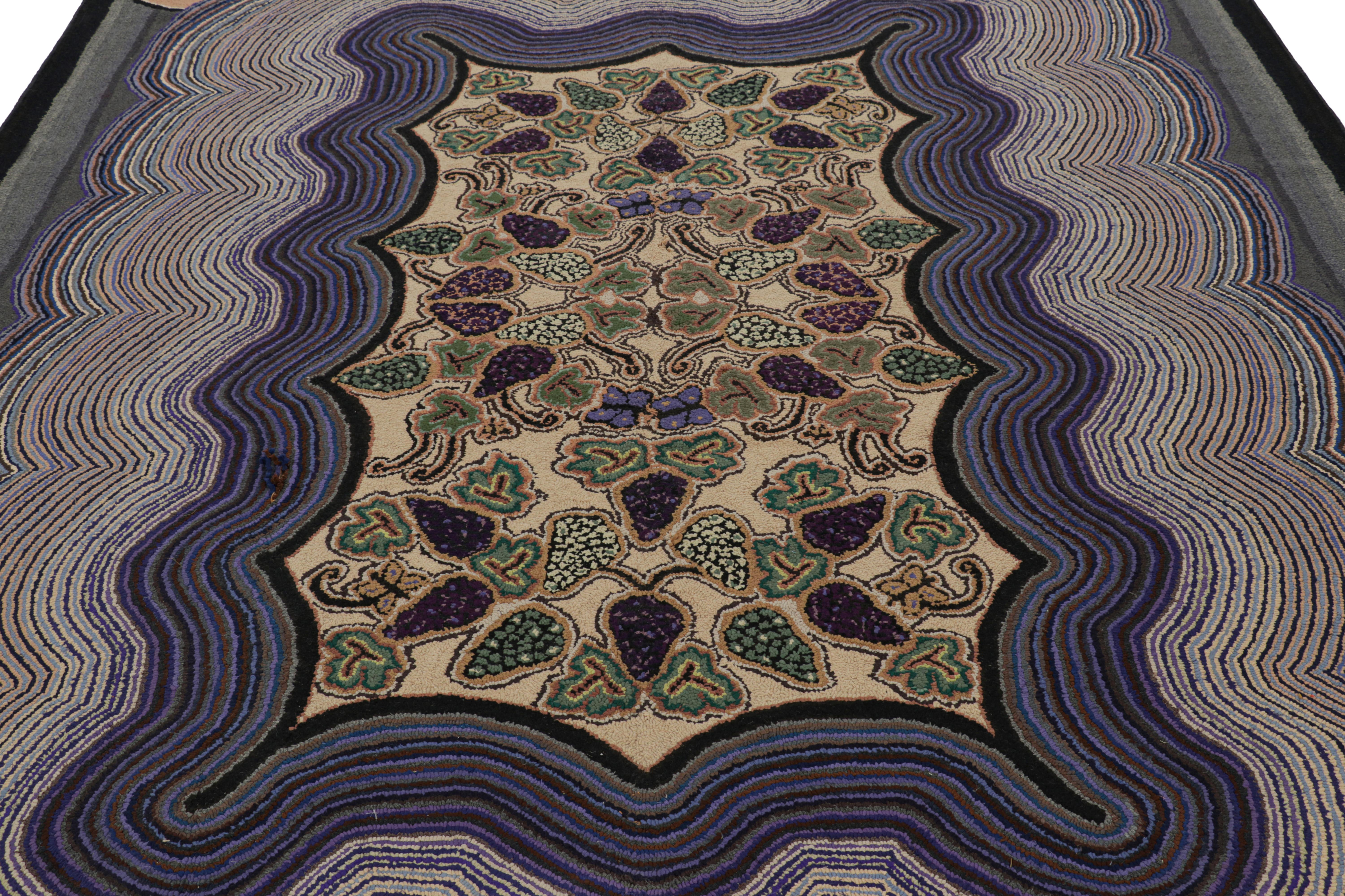 Handmade in wool and originating circa 1920-1930, this 8x11 rug is a rare and exciting new curation in Rug & Kilim’s collection of antique hooked rugs. 

On the Design: 

Admirers of the craft will appreciate this piece as one of the most spacious