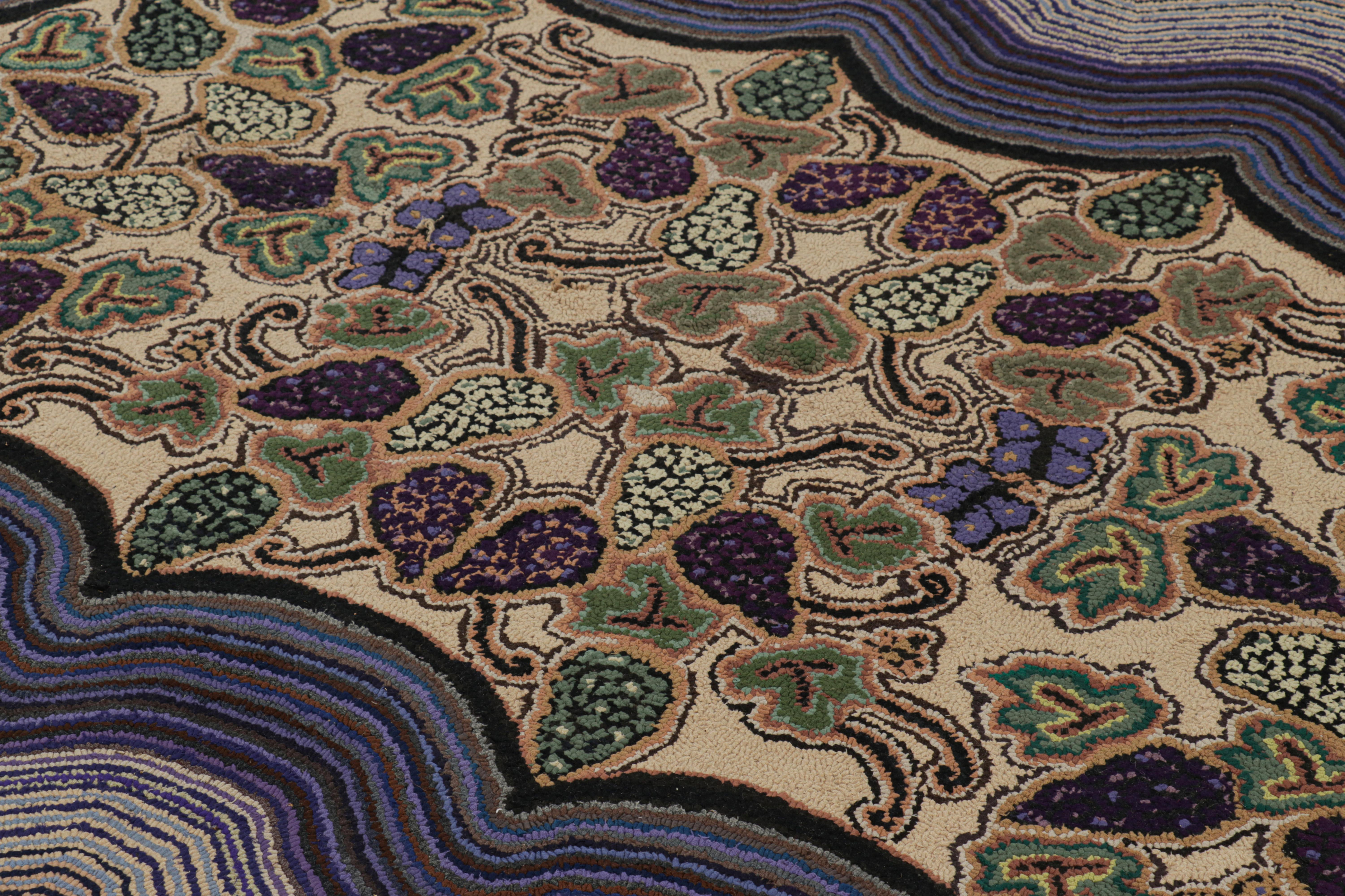 Folk Art Antique Hooked Rug in Purple with Floral Patterns, from Rug & Kilim For Sale