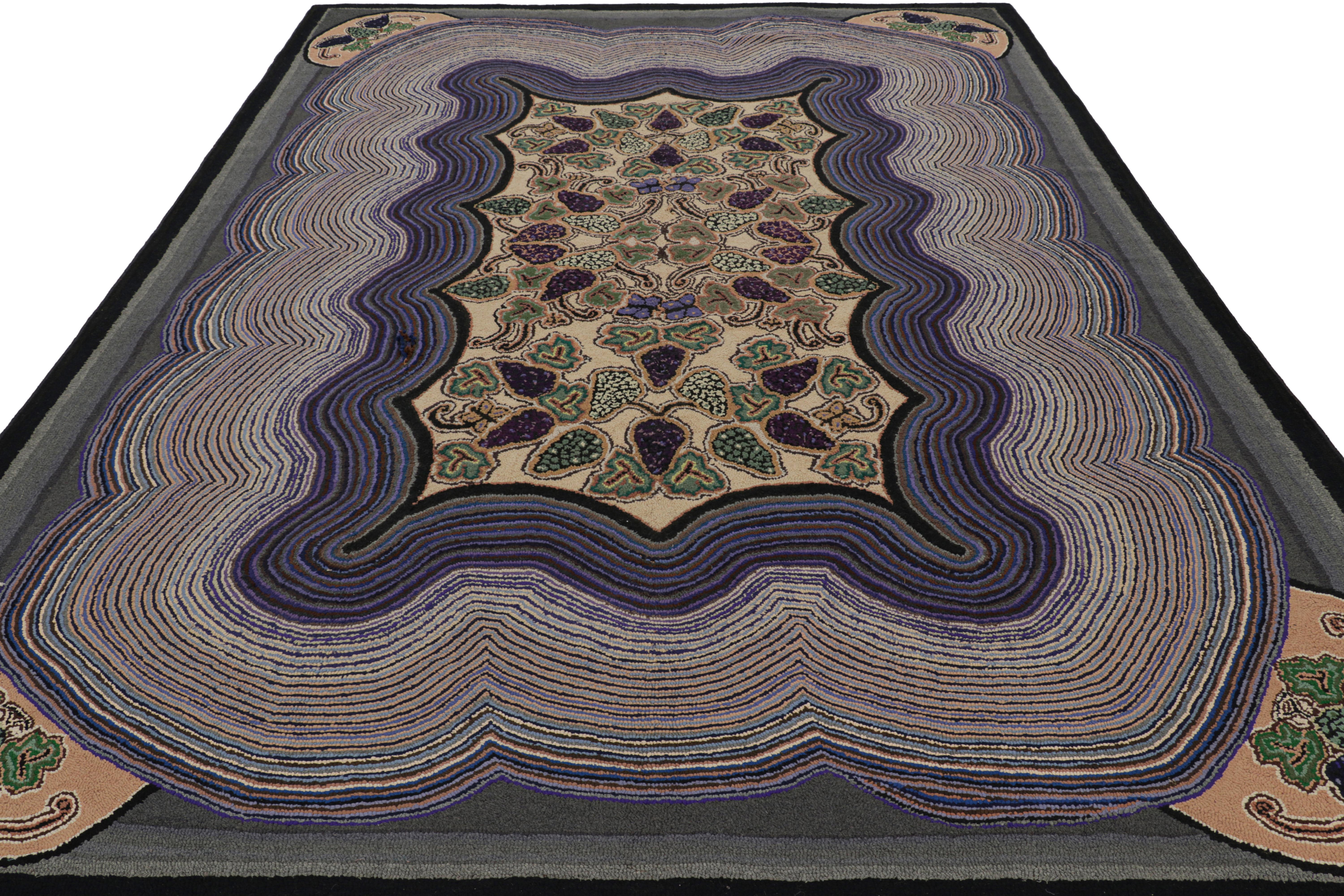 Hand-Knotted Antique Hooked Rug in Purple with Floral Patterns, from Rug & Kilim For Sale