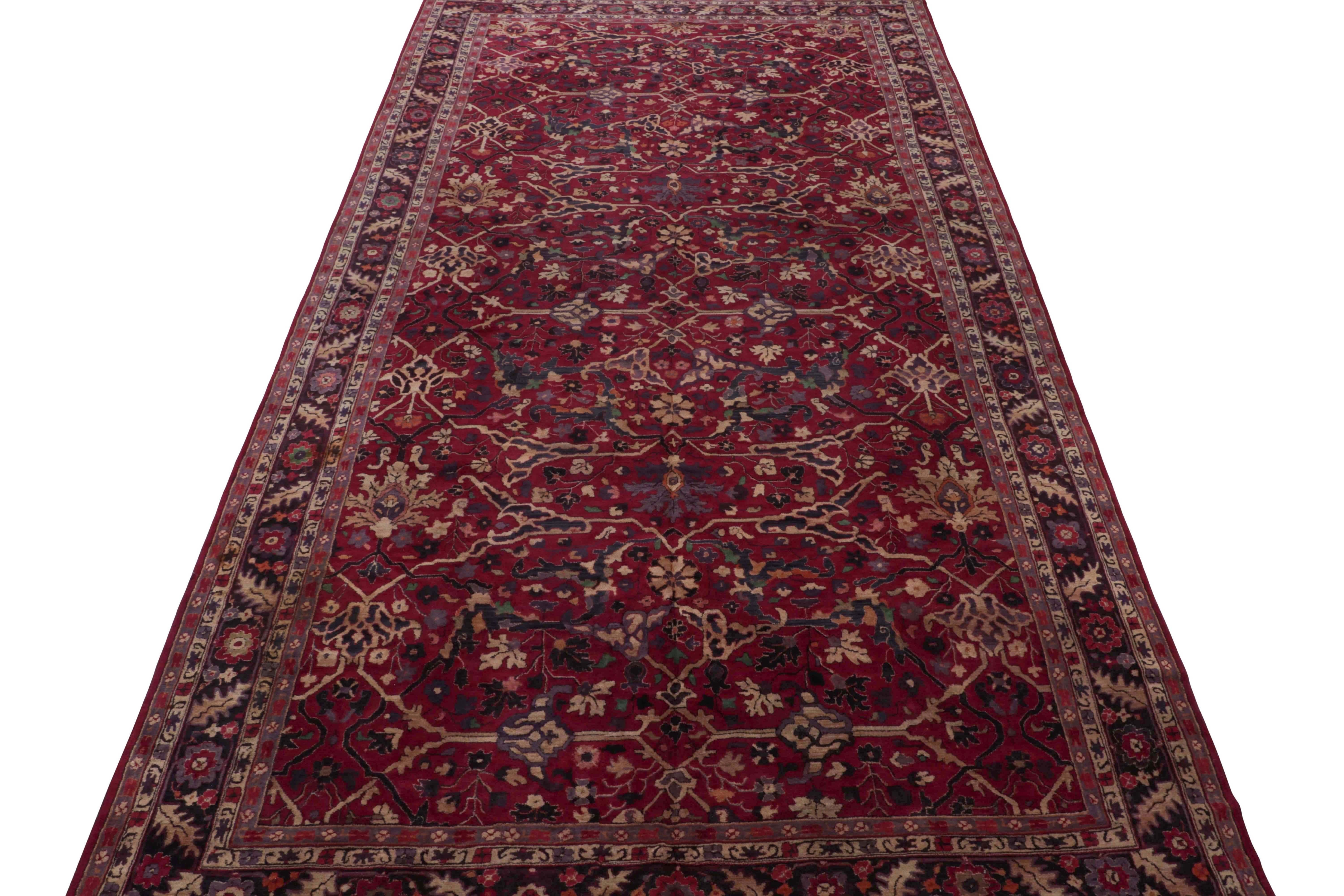 German Antique Hooked Rug in Rich Burgundy with Beige and Purple Floral by Rug & Kilim For Sale
