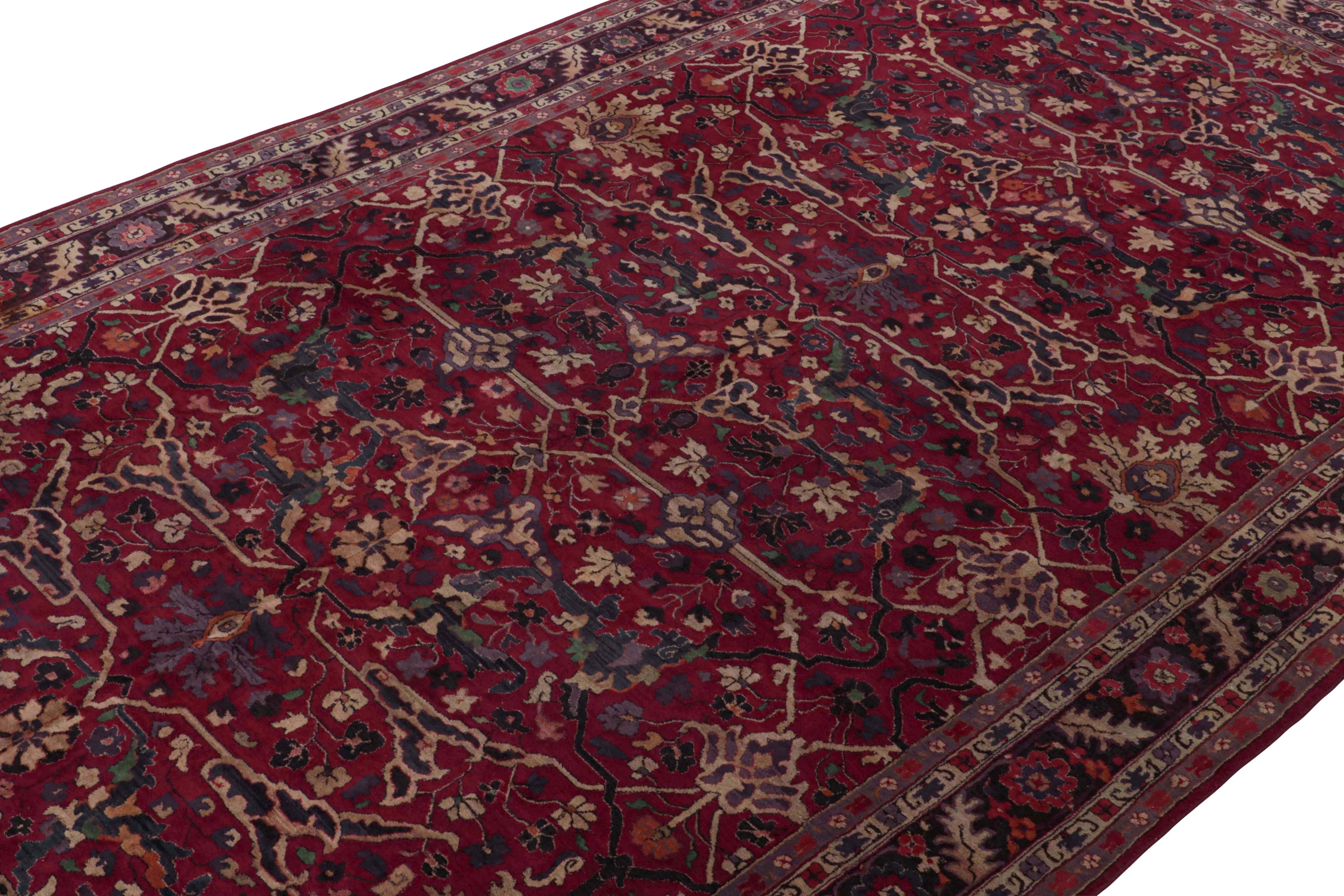 Hand-Knotted Antique Hooked Rug in Rich Burgundy with Beige and Purple Floral by Rug & Kilim For Sale