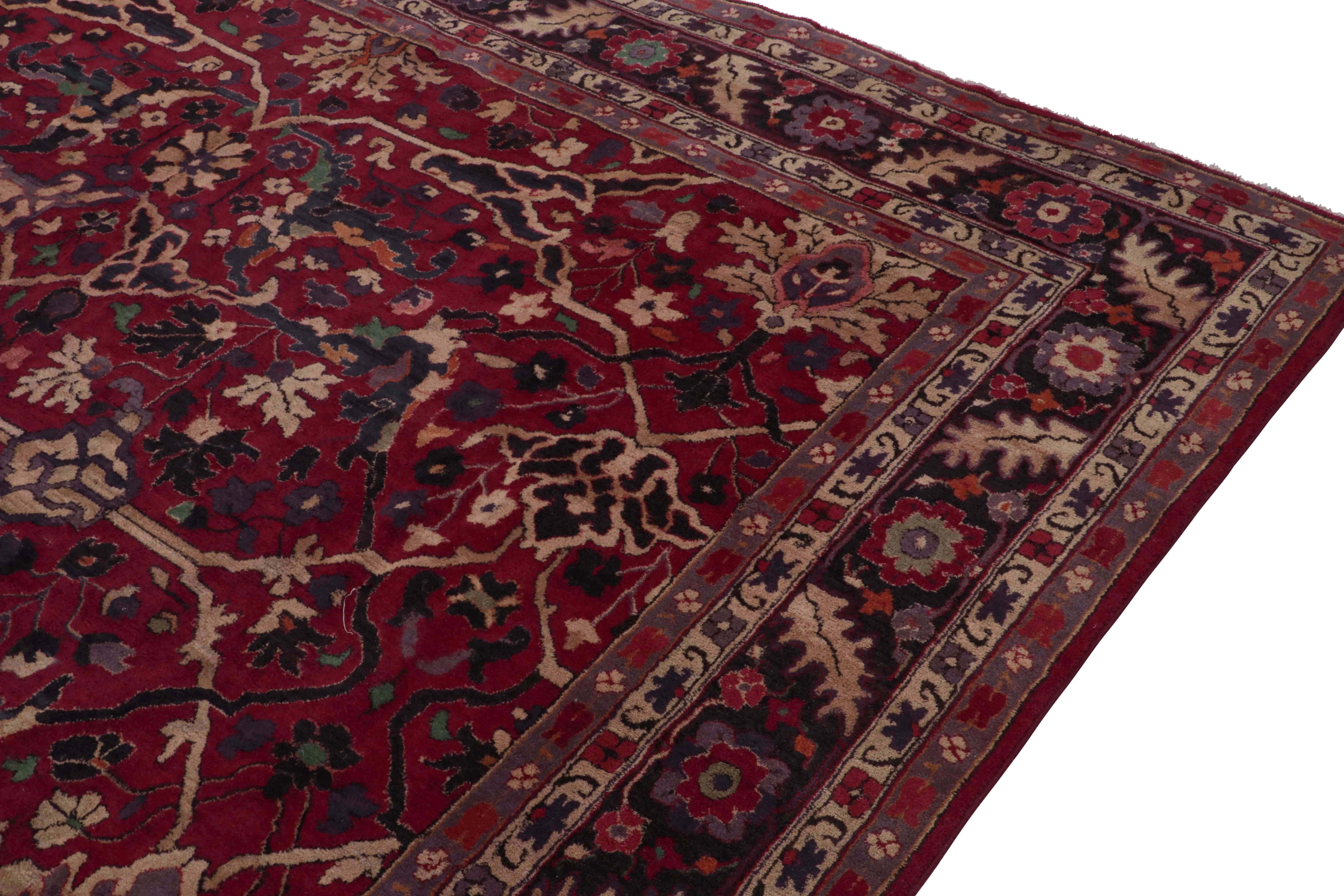 Antique Hooked Rug in Rich Burgundy with Beige and Purple Floral by Rug & Kilim In Good Condition For Sale In Long Island City, NY